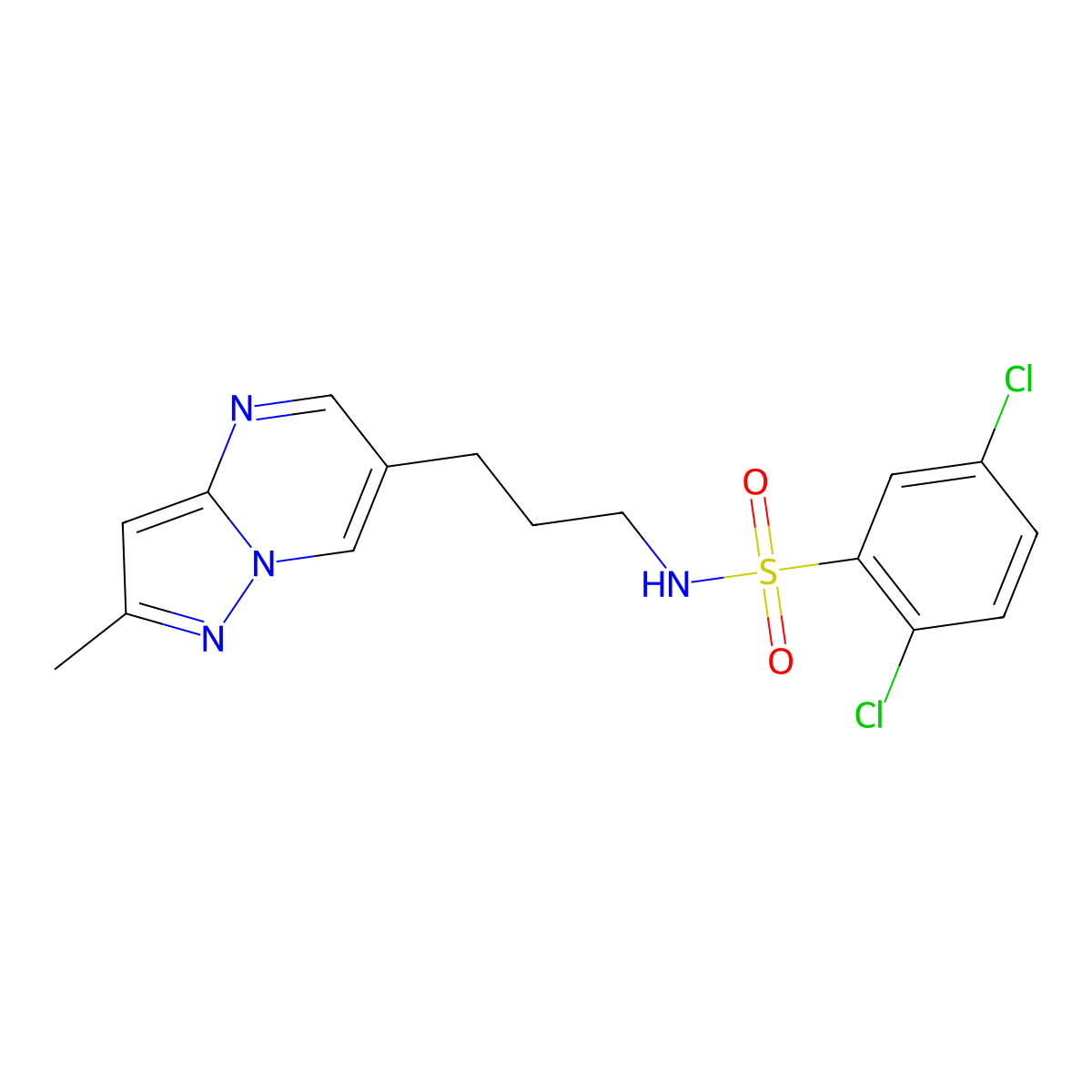 2,5-dichloro-N-(3-(2-methylpyrazolo[1,5-a]pyrimidin-6-yl)propyl)benzenesulfonamide molecular structure, CAS 1796946-35-4