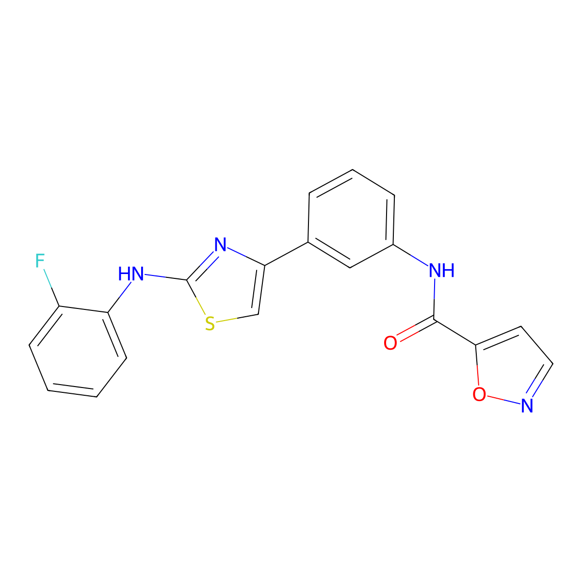 N-(3-(2-((2-fluorophenyl)amino)thiazol-4-yl)phenyl)isoxazole-5-carboxamide molecular structure, CAS 1796947-16-4