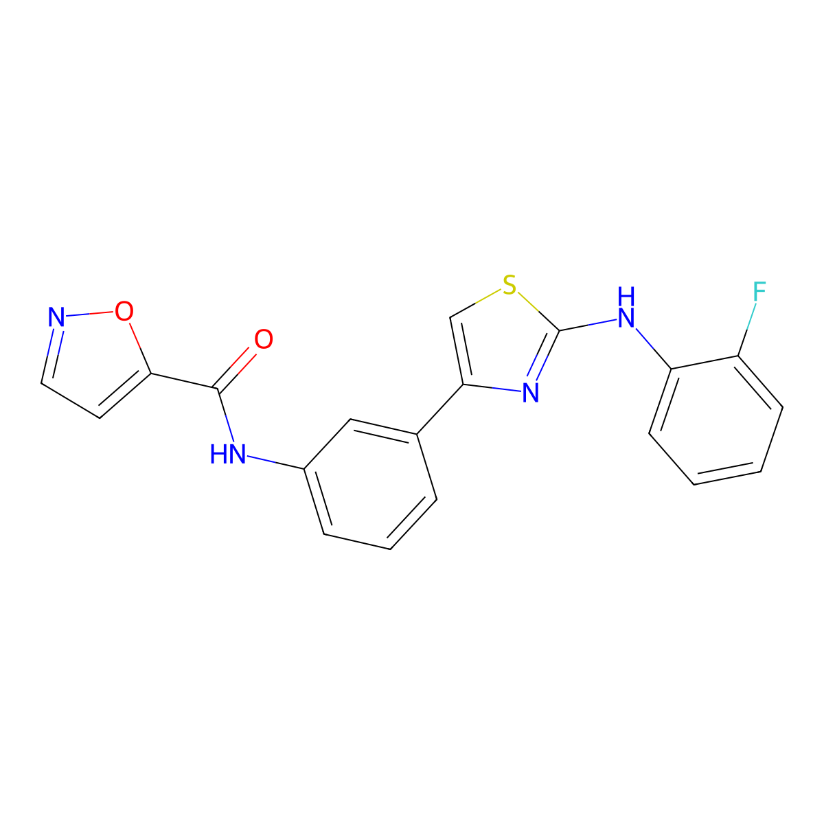 N-(3-(2-((2-fluorophenyl)amino)thiazol-4-yl)phenyl)isoxazole-5-carboxamide molecular structure, CAS 1796947-16-4