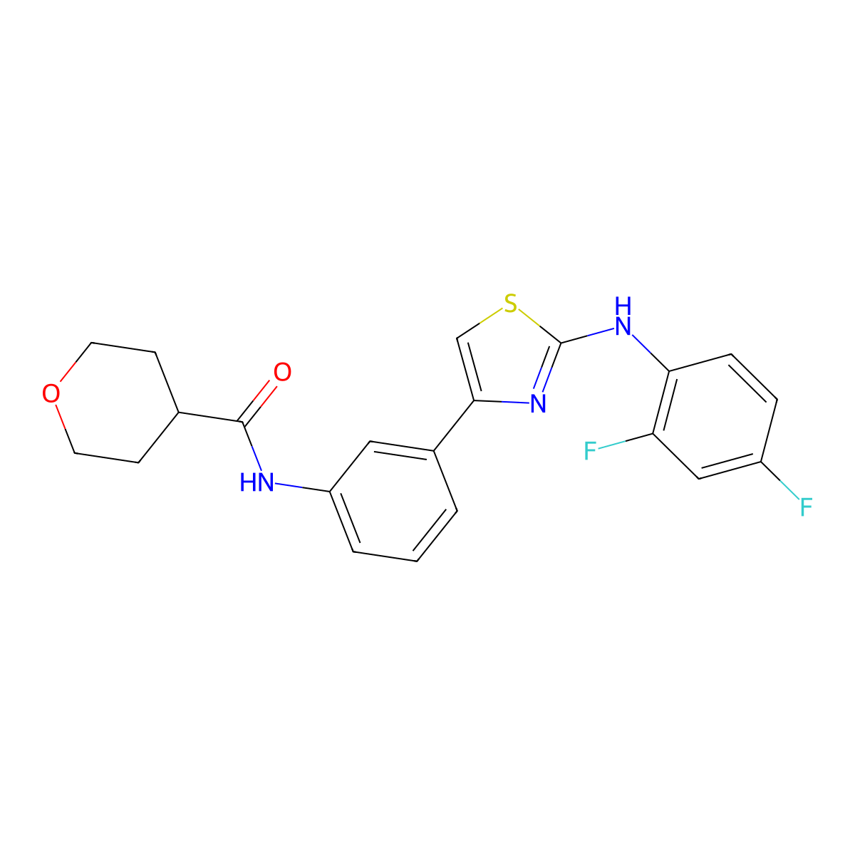 N-(3-(2-((2,4-difluorophenyl)amino)thiazol-4-yl)phenyl)tetrahydro-2H-pyran-4-carboxamide molecular structure, CAS 1796947-18-6