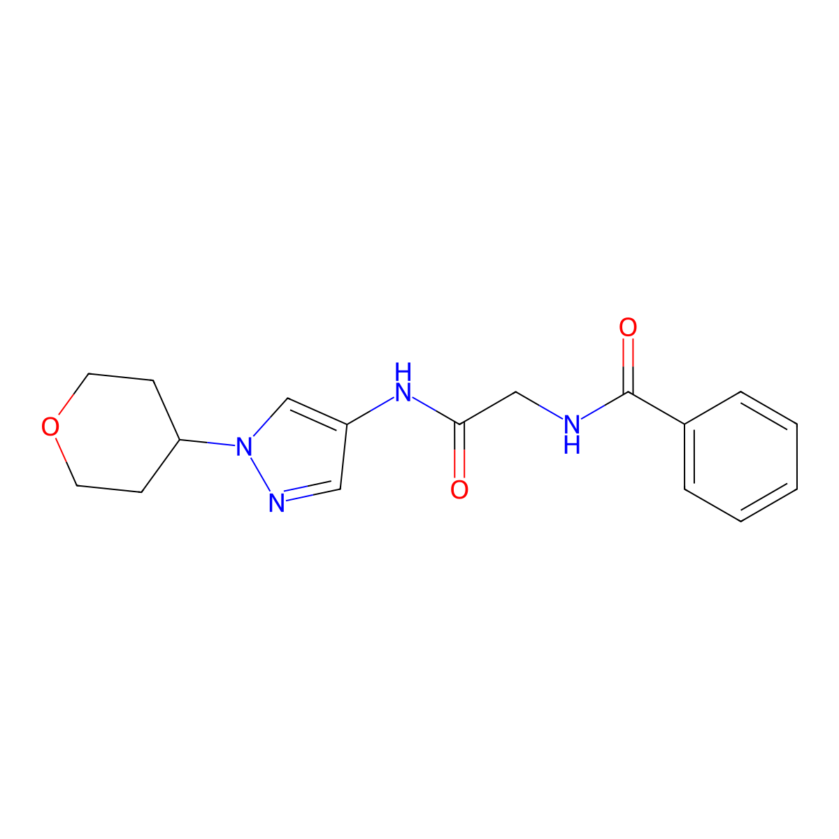 N-(2-oxo-2-((1-(tetrahydro-2H-pyran-4-yl)-1H-pyrazol-4-yl)amino)ethyl)benzamide molecular structure, CAS 1796948-27-0