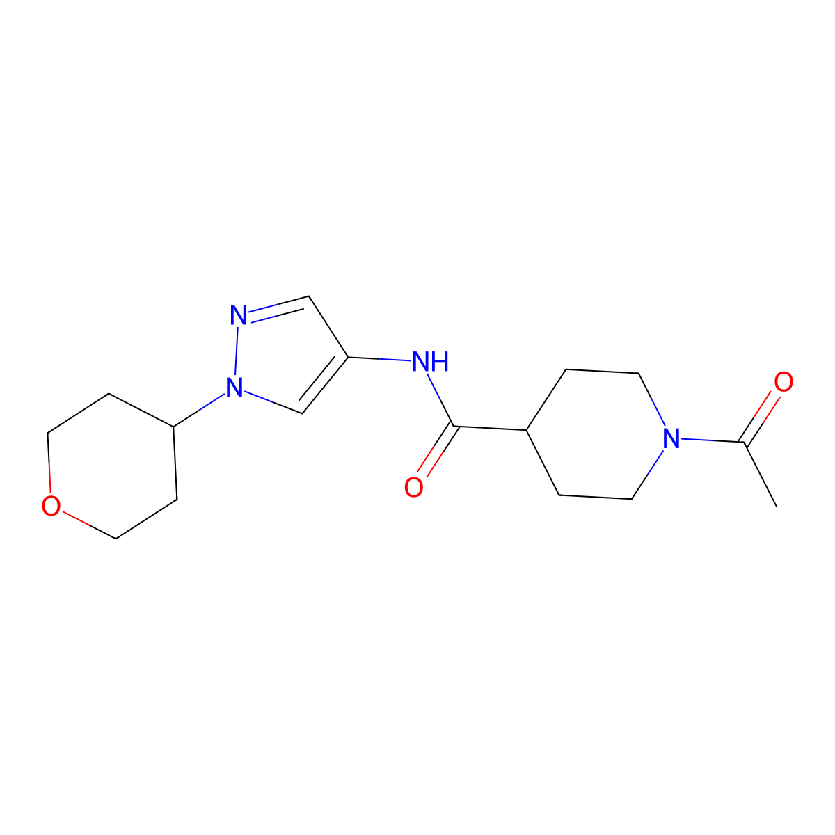 1-acetyl-N-(1-(tetrahydro-2H-pyran-4-yl)-1H-pyrazol-4-yl)piperidine-4-carboxamide molecular structure, CAS 1796948-35-0