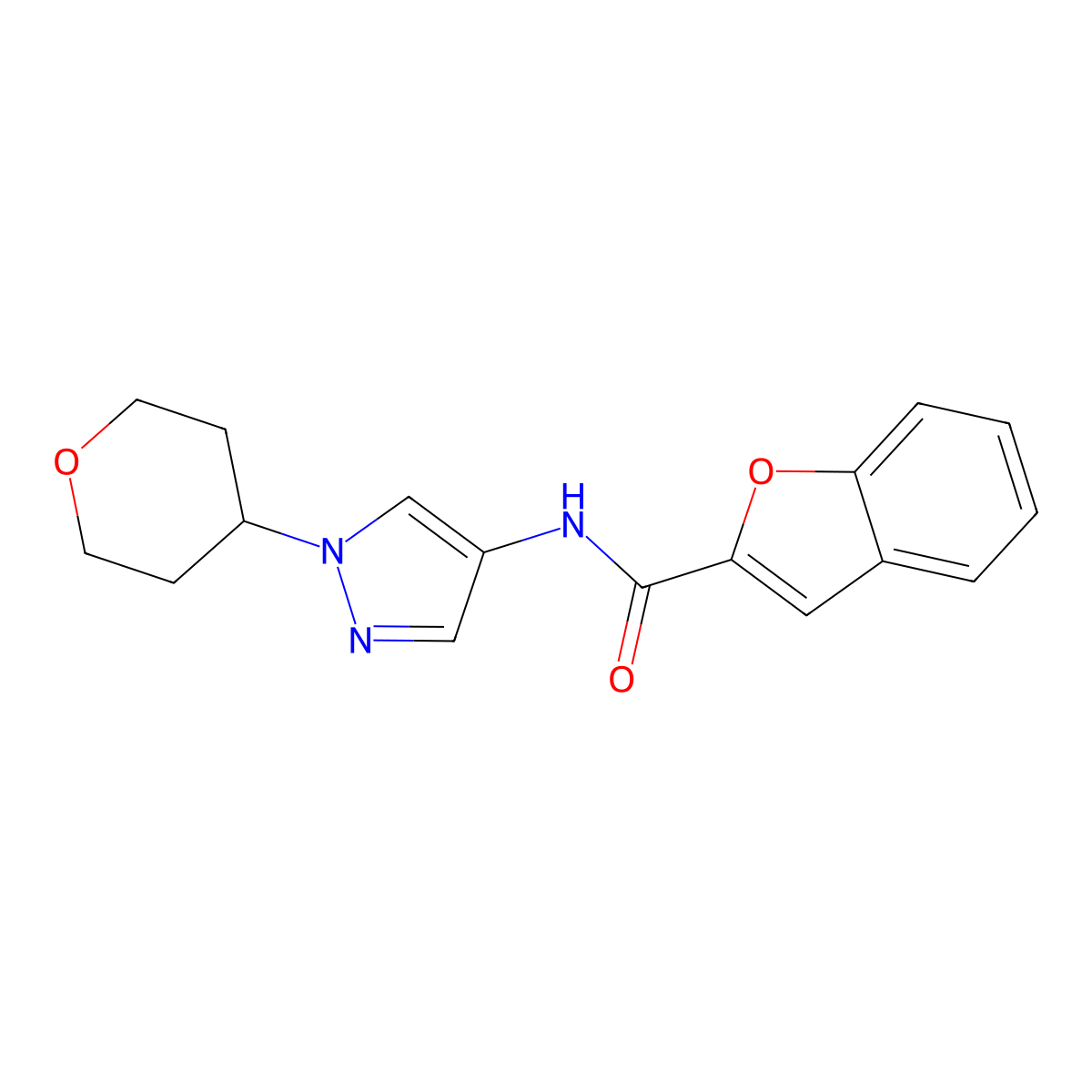 N-(1-(tetrahydro-2H-pyran-4-yl)-1H-pyrazol-4-yl)benzofuran-2-carboxamide molecular structure, CAS 1796948-44-1