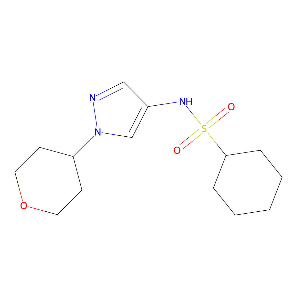 N-(1-(tetrahydro-2H-pyran-4-yl)-1H-pyrazol-4-yl)cyclohexanesulfonamide molecular structure, CAS 1796948-83-8
