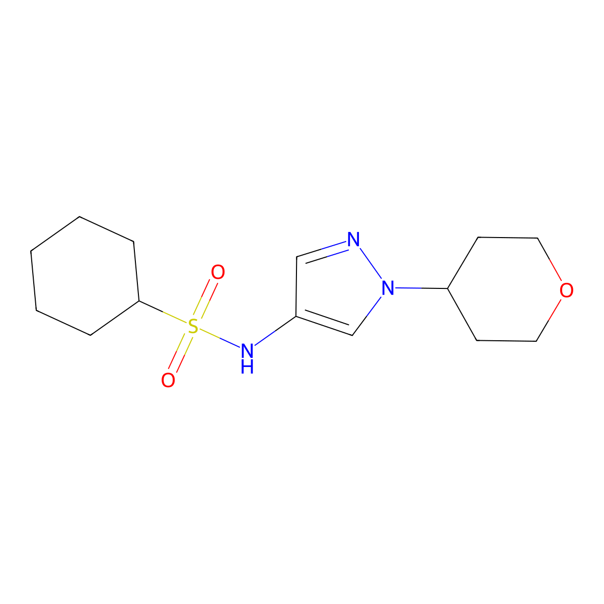 N-(1-(tetrahydro-2H-pyran-4-yl)-1H-pyrazol-4-yl)cyclohexanesulfonamide molecular structure, CAS 1796948-83-8