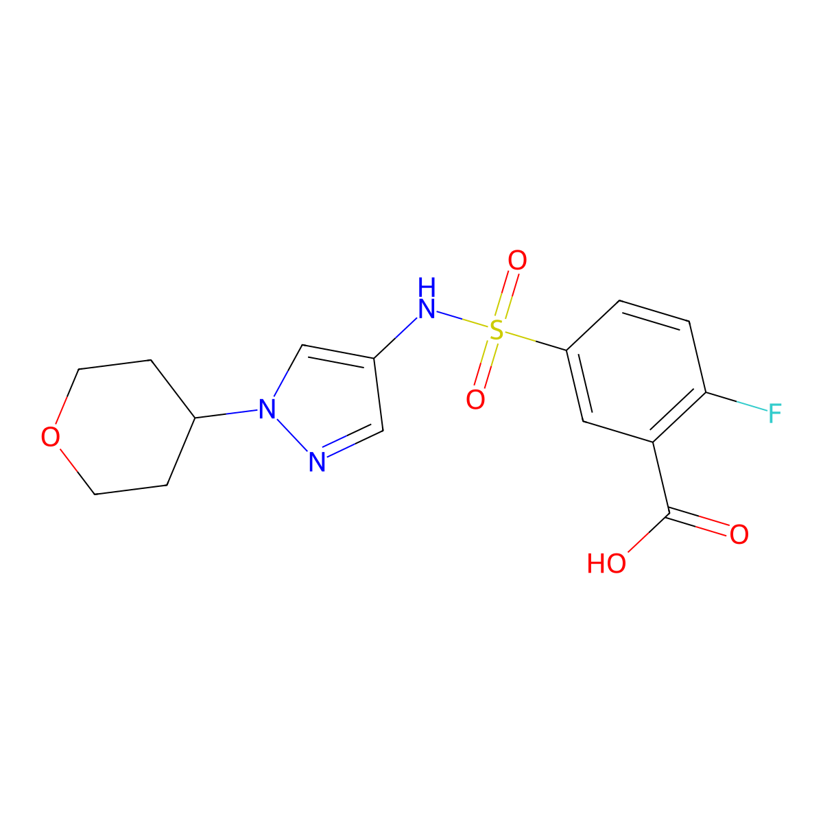 2-fluoro-5-(N-(1-(tetrahydro-2H-pyran-4-yl)-1H-pyrazol-4-yl)sulfamoyl)benzoic acid molecular structure, CAS 1796948-88-3