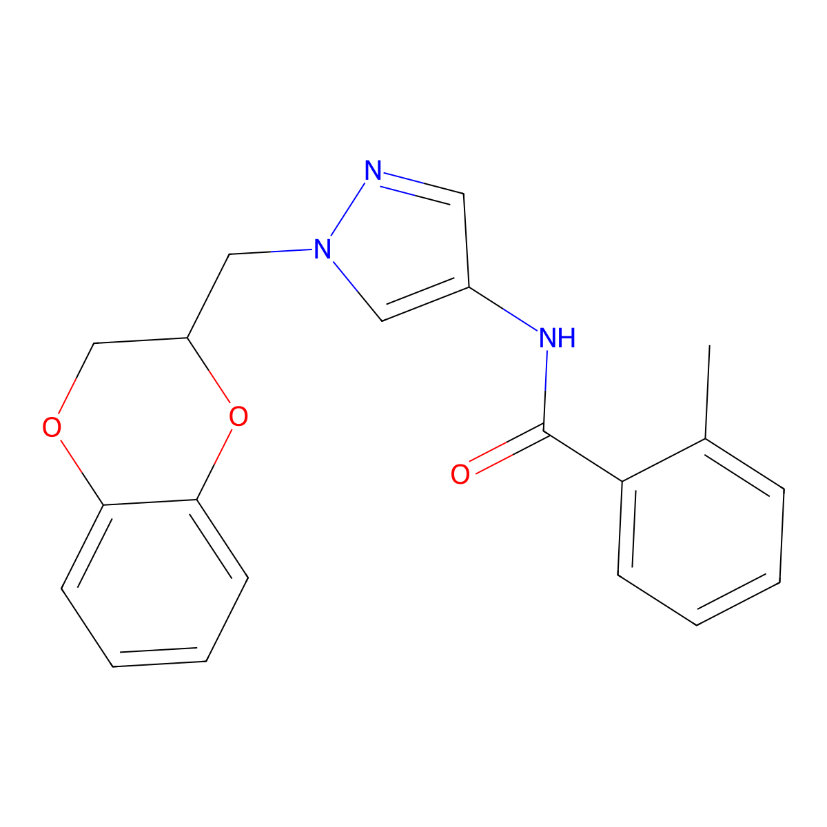 N-{1-[(2,3-dihydro-1,4-benzodioxin-2-yl)methyl]-1H-pyrazol-4-yl}-2-methylbenzamide molecular structure, CAS 1796949-00-2