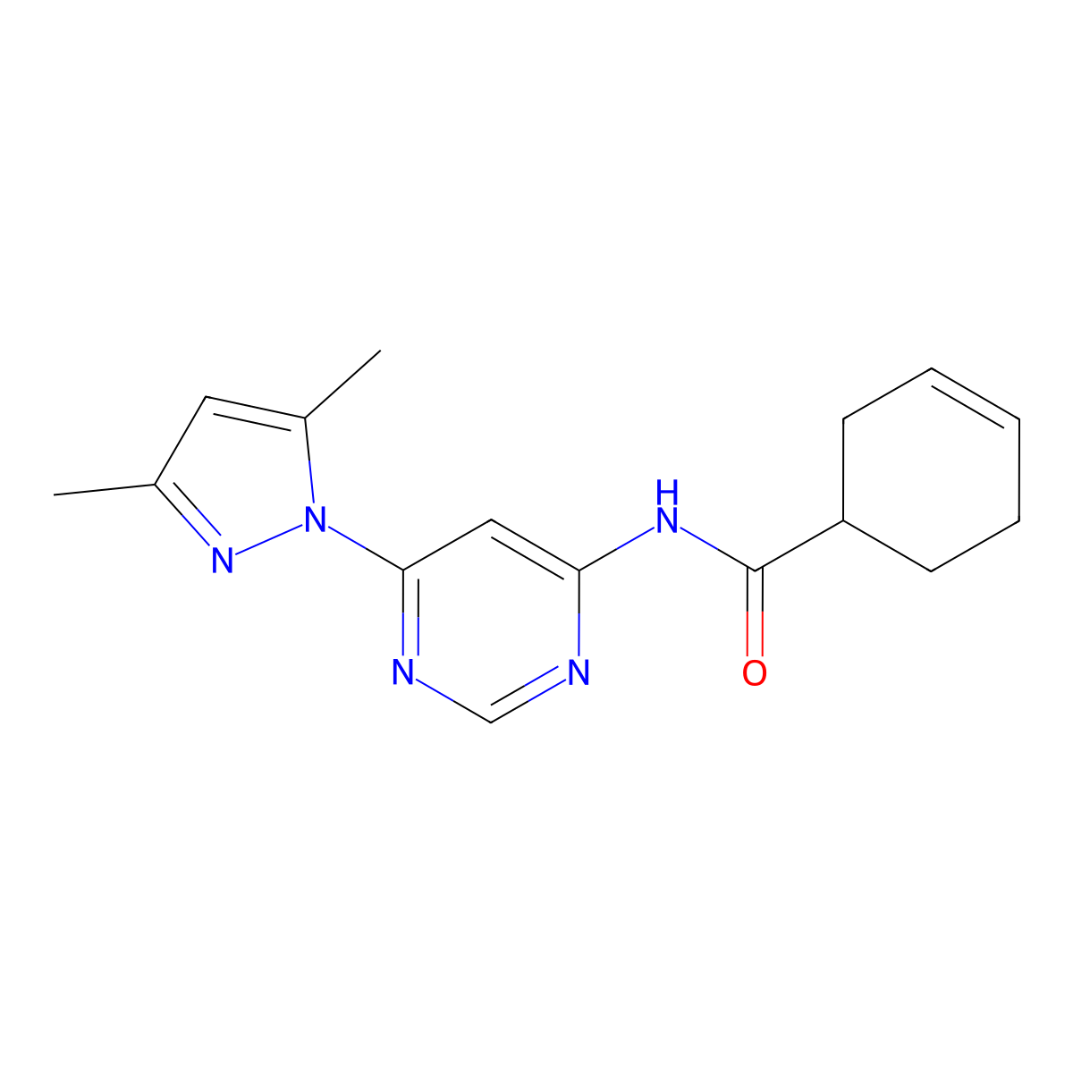 N-[6-(3,5-dimethyl-1H-pyrazol-1-yl)pyrimidin-4-yl]cyclohex-3-ene-1-carboxamide molecular structure, CAS 1796959-49-3