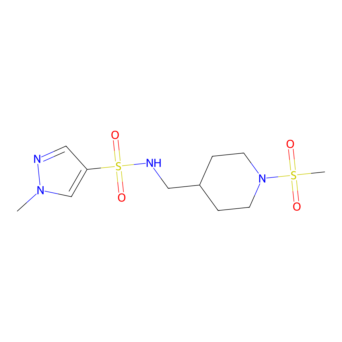 1-methyl-N-((1-(methylsulfonyl)piperidin-4-yl)methyl)-1H-pyrazole-4-sulfonamide molecular structure, CAS 1796961-25-5