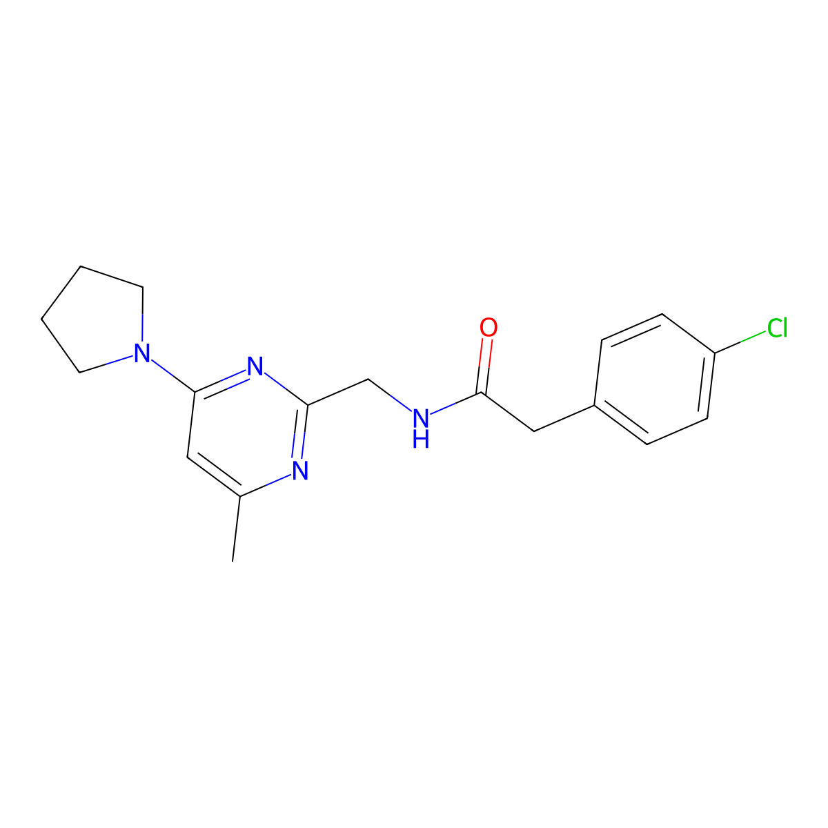 2-(4-Chlorophenyl)-N-{[4-methyl-6-(pyrrolidin-1-YL)pyrimidin-2-YL]methyl}acetamide molecular structure, CAS 1796963-09-1