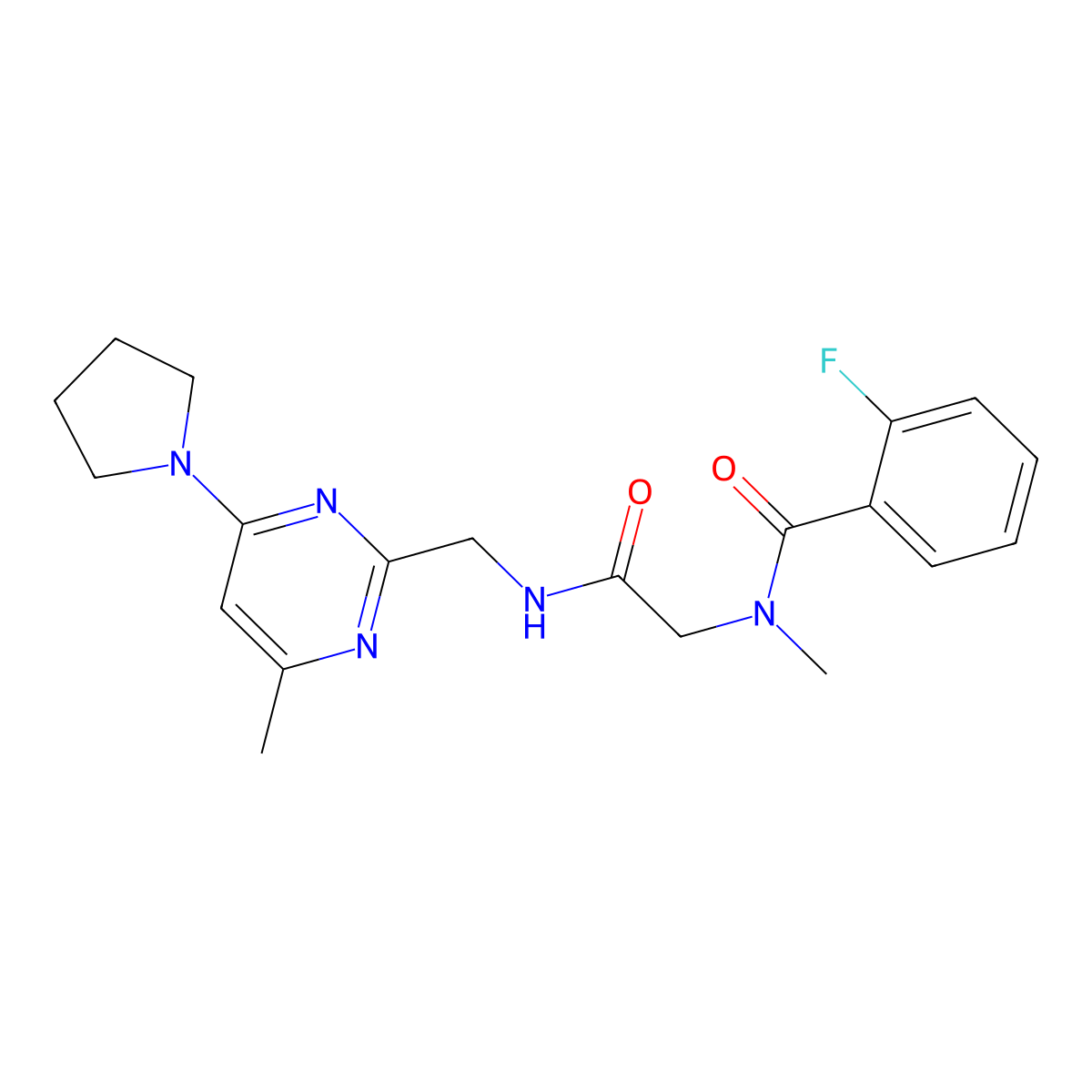 2-fluoro-N-methyl-N-(2-(((4-methyl-6-(pyrrolidin-1-yl)pyrimidin-2-yl)methyl)amino)-2-oxoethyl)benzamide molecular structure, CAS 1796963-13-7