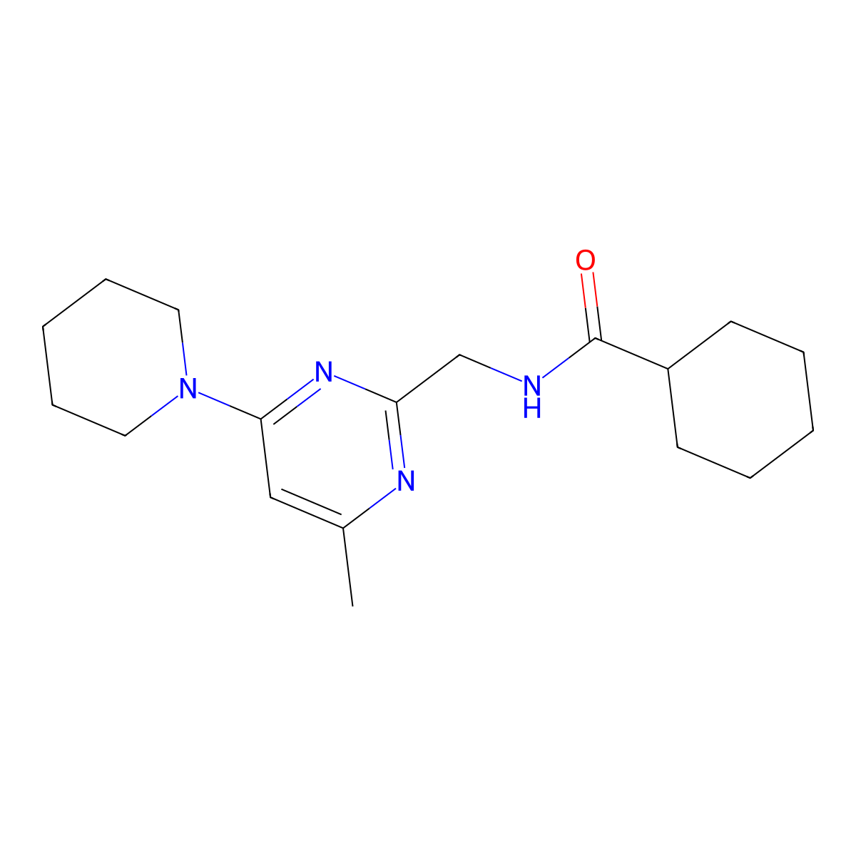 N-{[4-methyl-6-(piperidin-1-yl)pyrimidin-2-yl]methyl}cyclohexanecarboxamide molecular structure, CAS 1796963-15-9