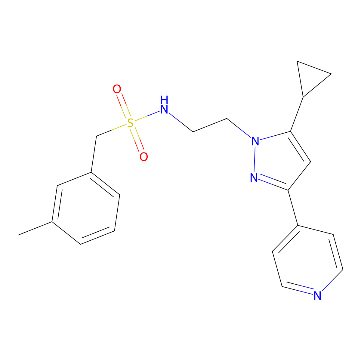N-(2-(5-cyclopropyl-3-(pyridin-4-yl)-1H-pyrazol-1-yl)ethyl)-1-(m-tolyl)methanesulfonamide molecular structure, CAS 1796964-02-7