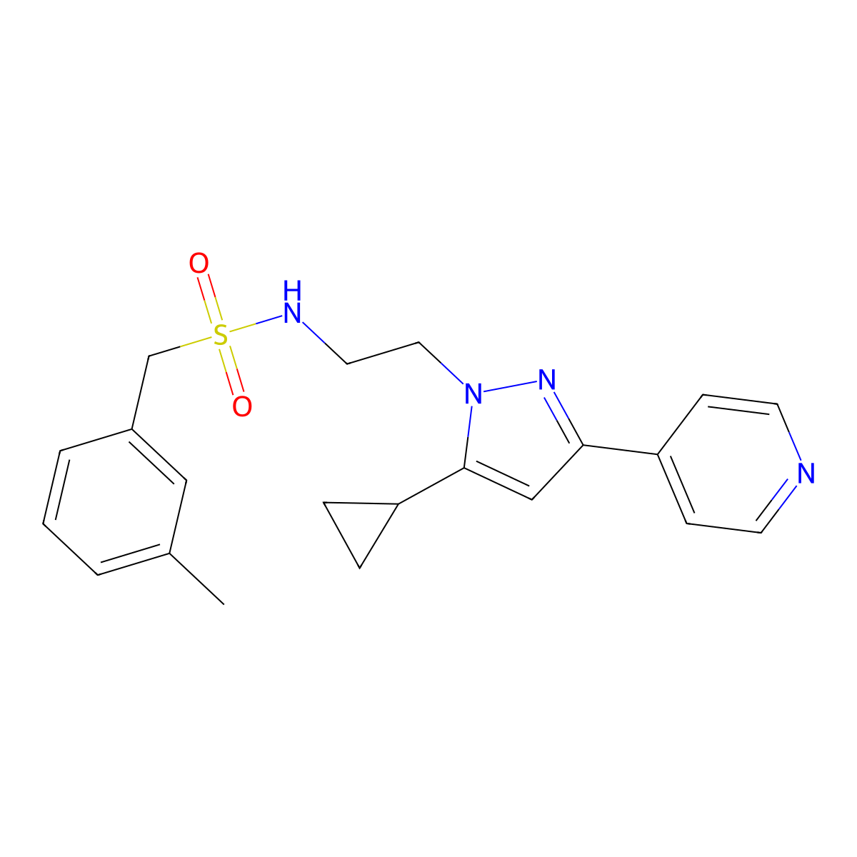 N-(2-(5-cyclopropyl-3-(pyridin-4-yl)-1H-pyrazol-1-yl)ethyl)-1-(m-tolyl)methanesulfonamide molecular structure, CAS 1796964-02-7