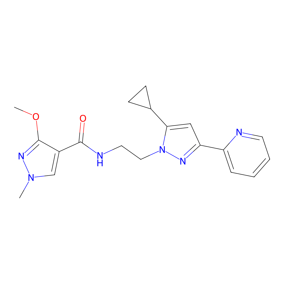 N-{2-[5-cyclopropyl-3-(pyridin-2-yl)-1H-pyrazol-1-yl]ethyl}-3-methoxy-1-methyl-1H-pyrazole-4-carboxamide molecular structure, CAS 1796964-11-8