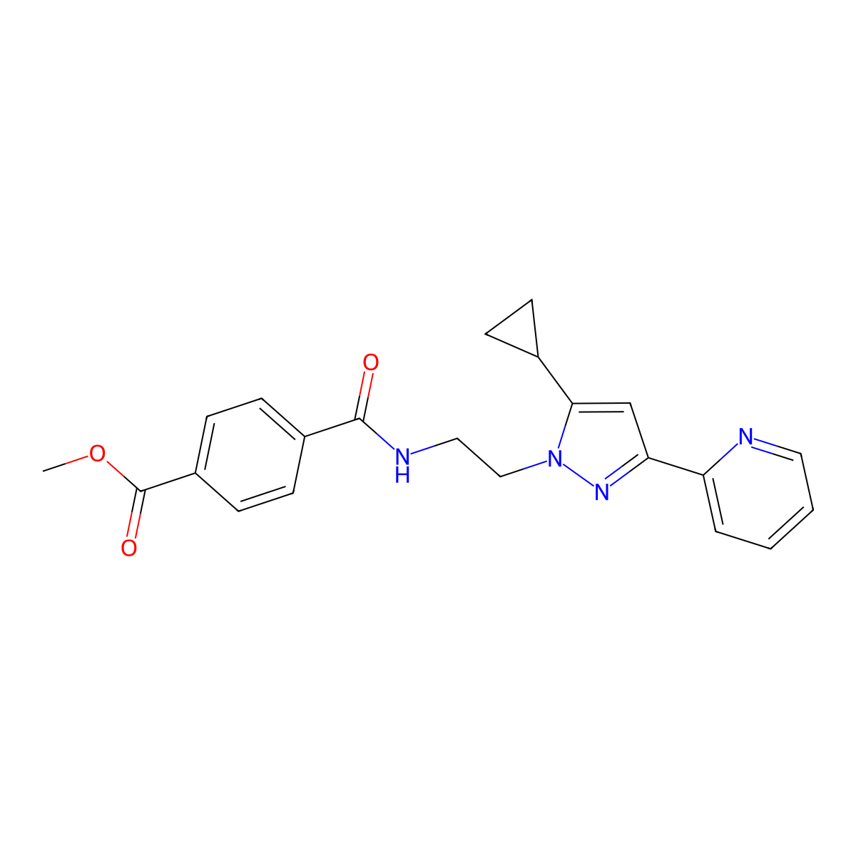 methyl 4-({2-[5-cyclopropyl-3-(pyridin-2-yl)-1H-pyrazol-1-yl]ethyl}carbamoyl)benzoate molecular structure, CAS 1796964-20-9