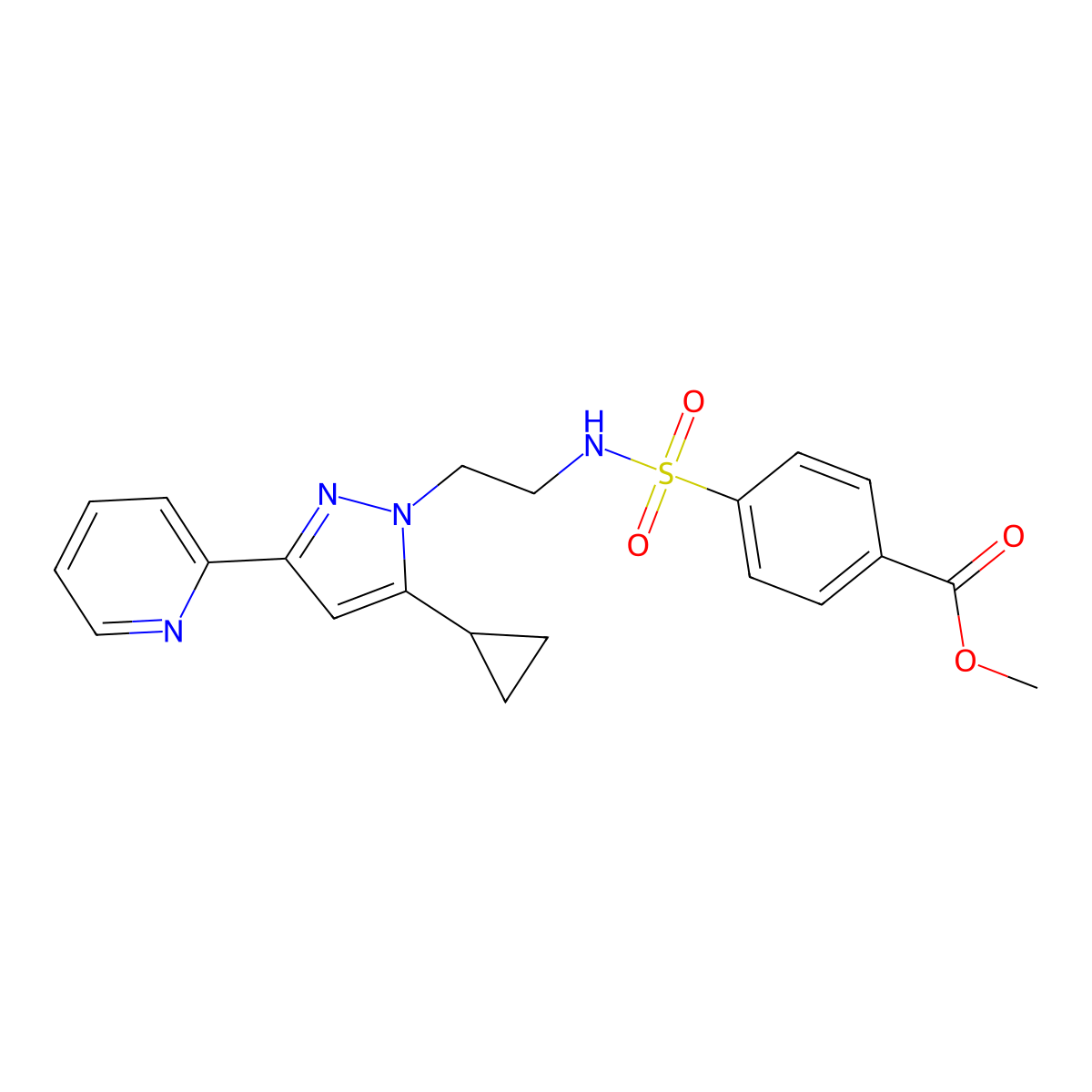 methyl 4-(N-(2-(5-cyclopropyl-3-(pyridin-2-yl)-1H-pyrazol-1-yl)ethyl)sulfamoyl)benzoate molecular structure, CAS 1796964-23-2