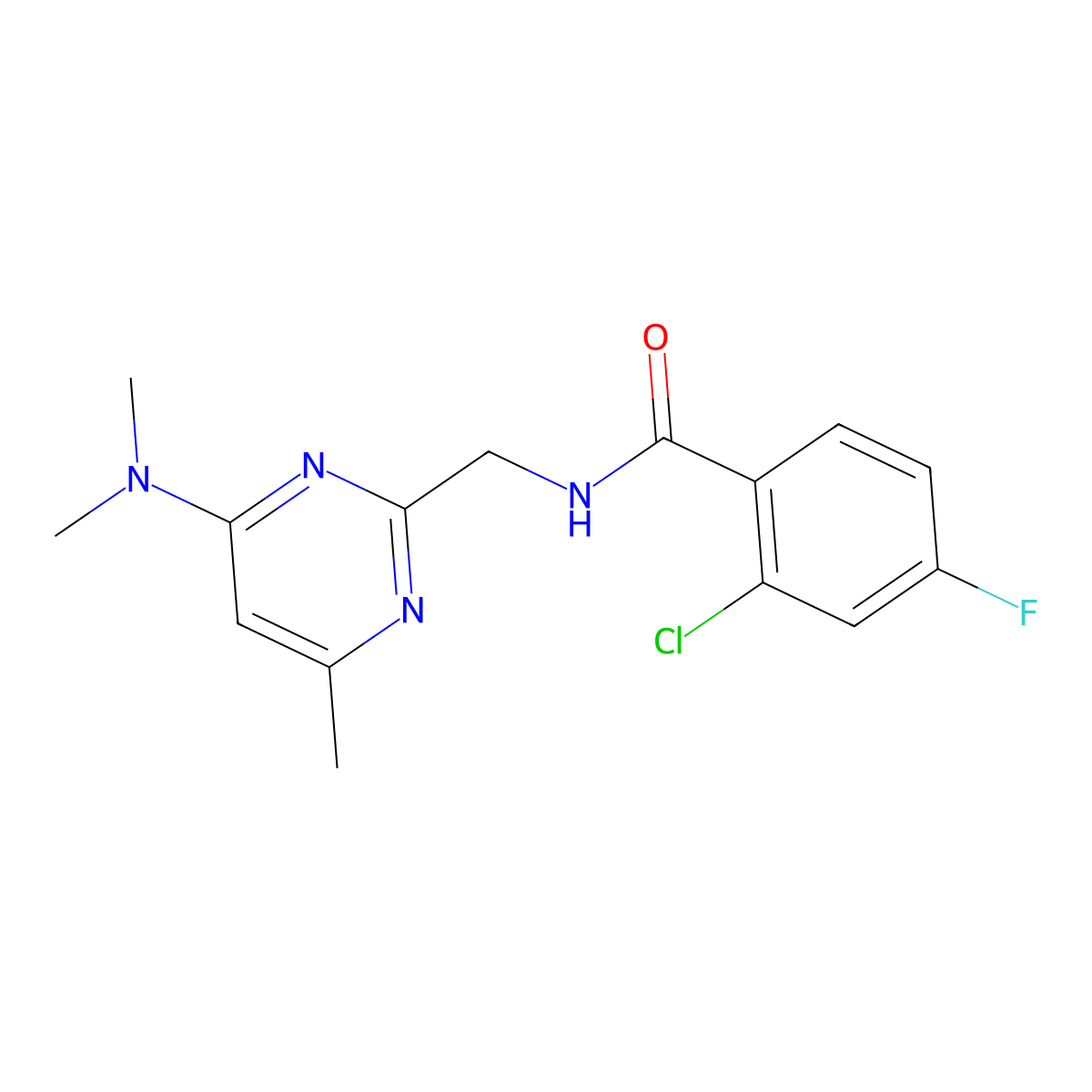 2-chloro-N-{[4-(dimethylamino)-6-methylpyrimidin-2-yl]methyl}-4-fluorobenzamide molecular structure, CAS 1796964-39-0