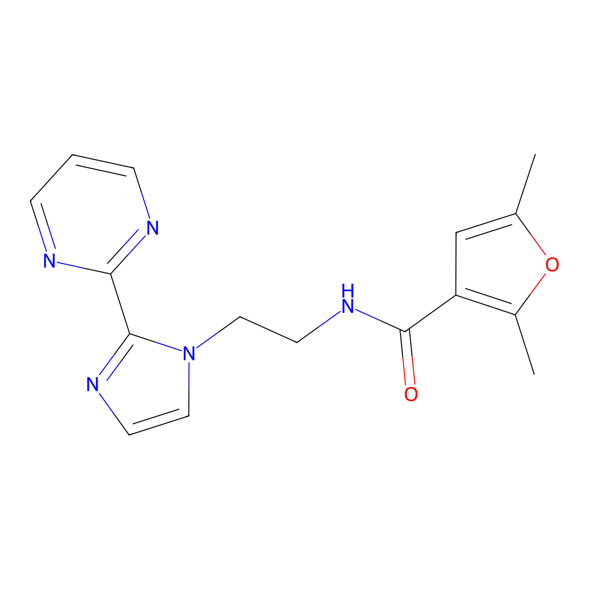 2,5-dimethyl-N-(2-(2-(pyrimidin-2-yl)-1H-imidazol-1-yl)ethyl)furan-3-carboxamide molecular structure, CAS 1796964-98-1