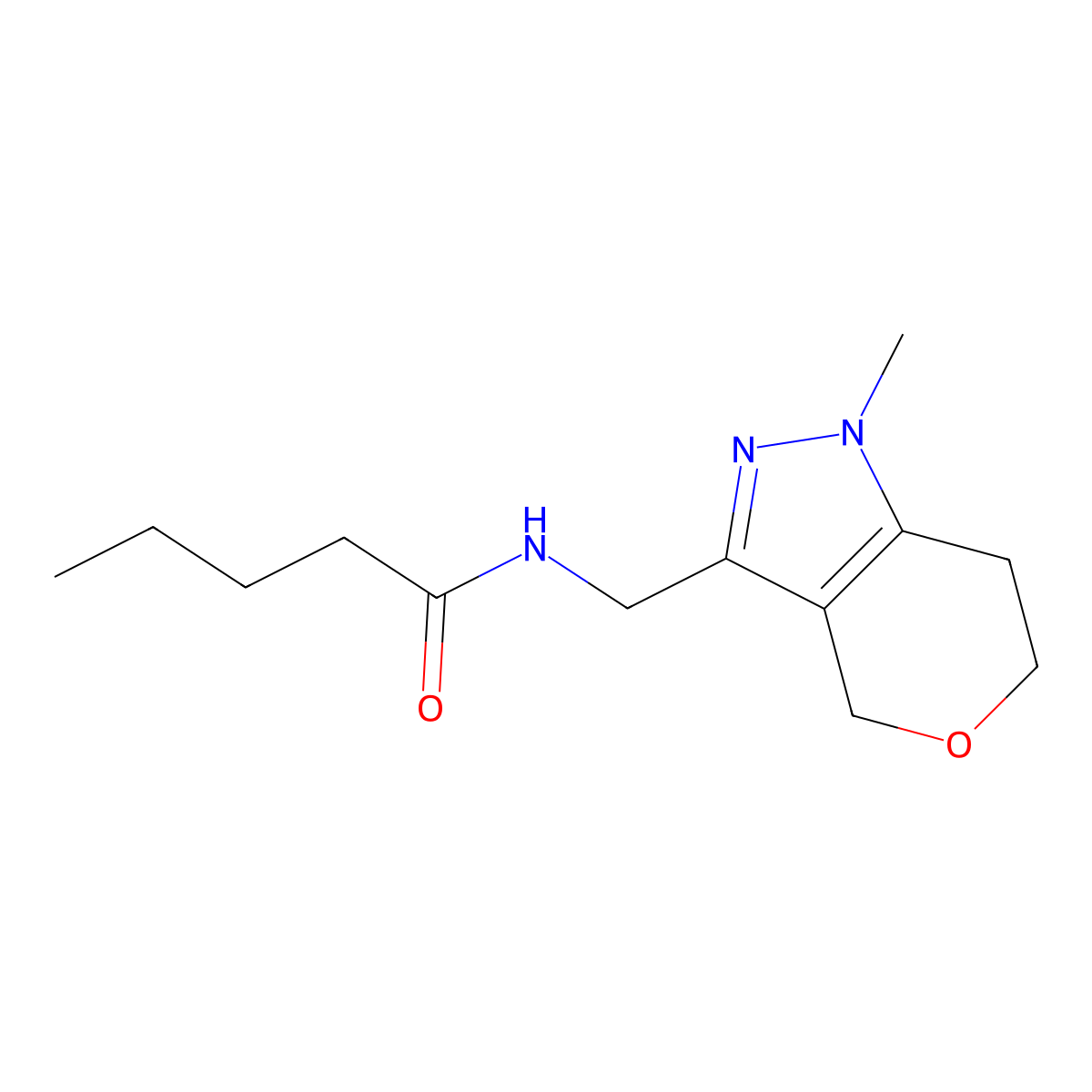 N-((1-methyl-1,4,6,7-tetrahydropyrano[4,3-c]pyrazol-3-yl)methyl)pentanamide molecular structure, CAS 1796966-13-6