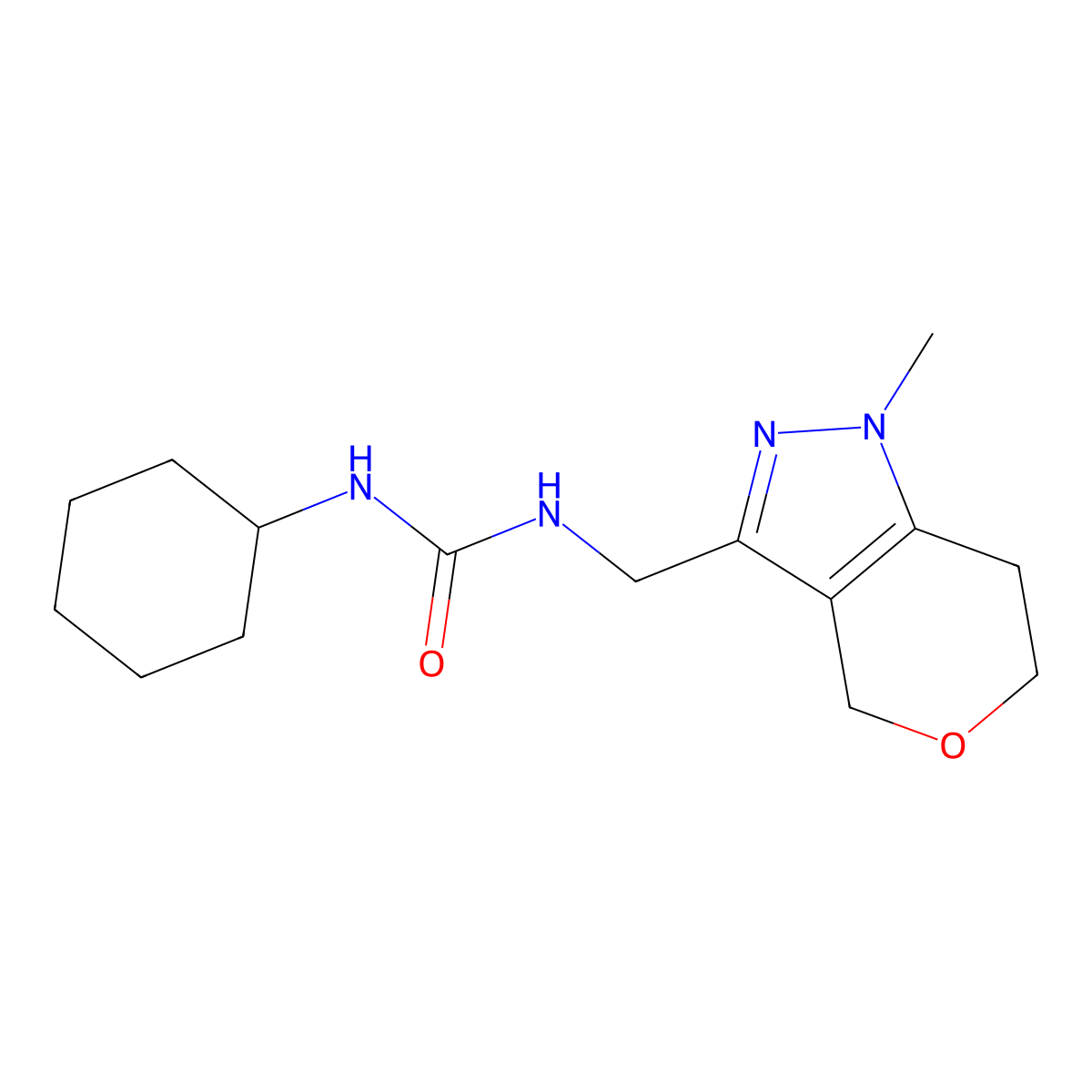 1-Cyclohexyl-3-((1-methyl-1,4,6,7-tetrahydropyrano[4,3-c]pyrazol-3-yl)methyl)urea molecular structure, CAS 1796966-87-4