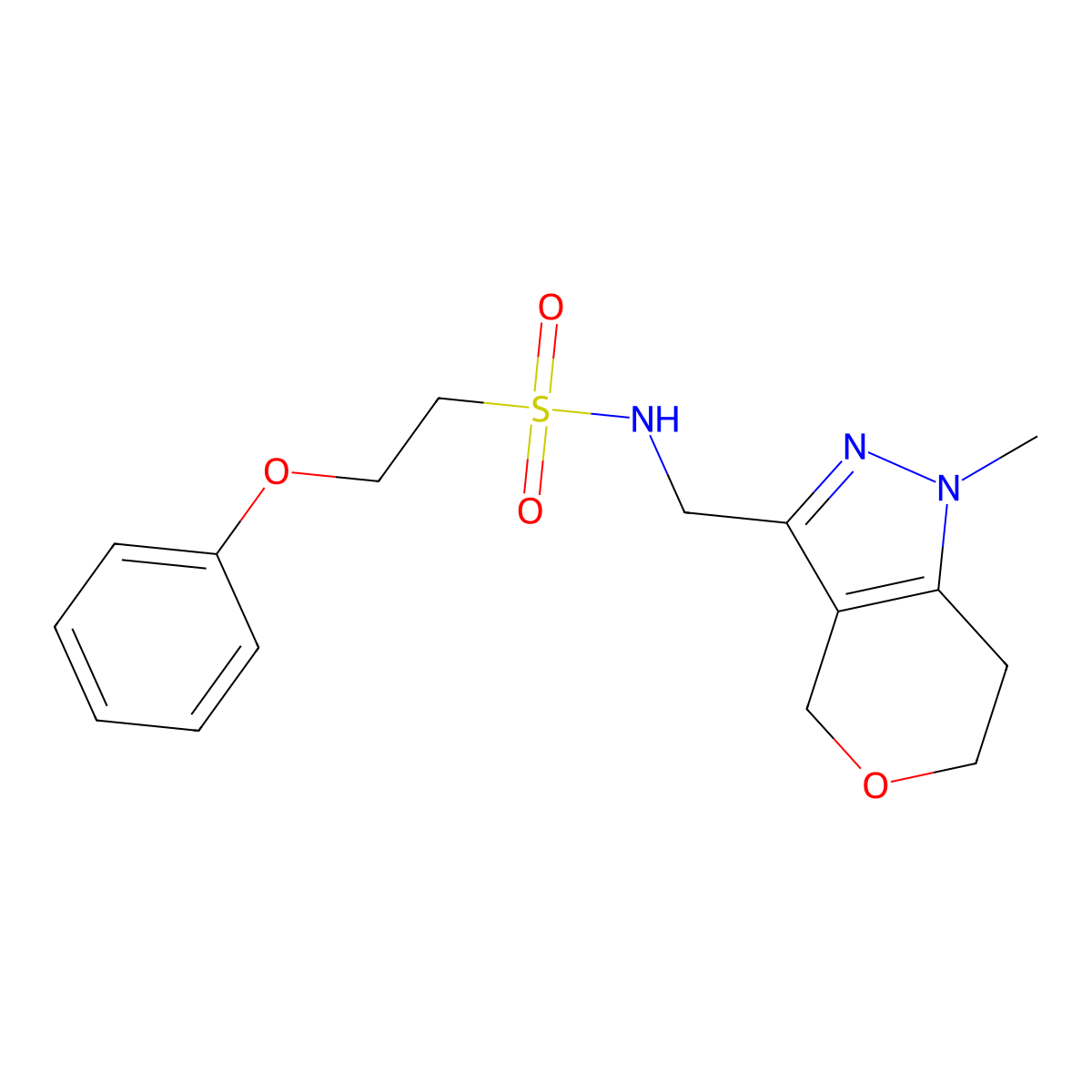 N-((1-methyl-1,4,6,7-tetrahydropyrano[4,3-c]pyrazol-3-yl)methyl)-2-phenoxyethanesulfonamide molecular structure, CAS 1796966-93-2