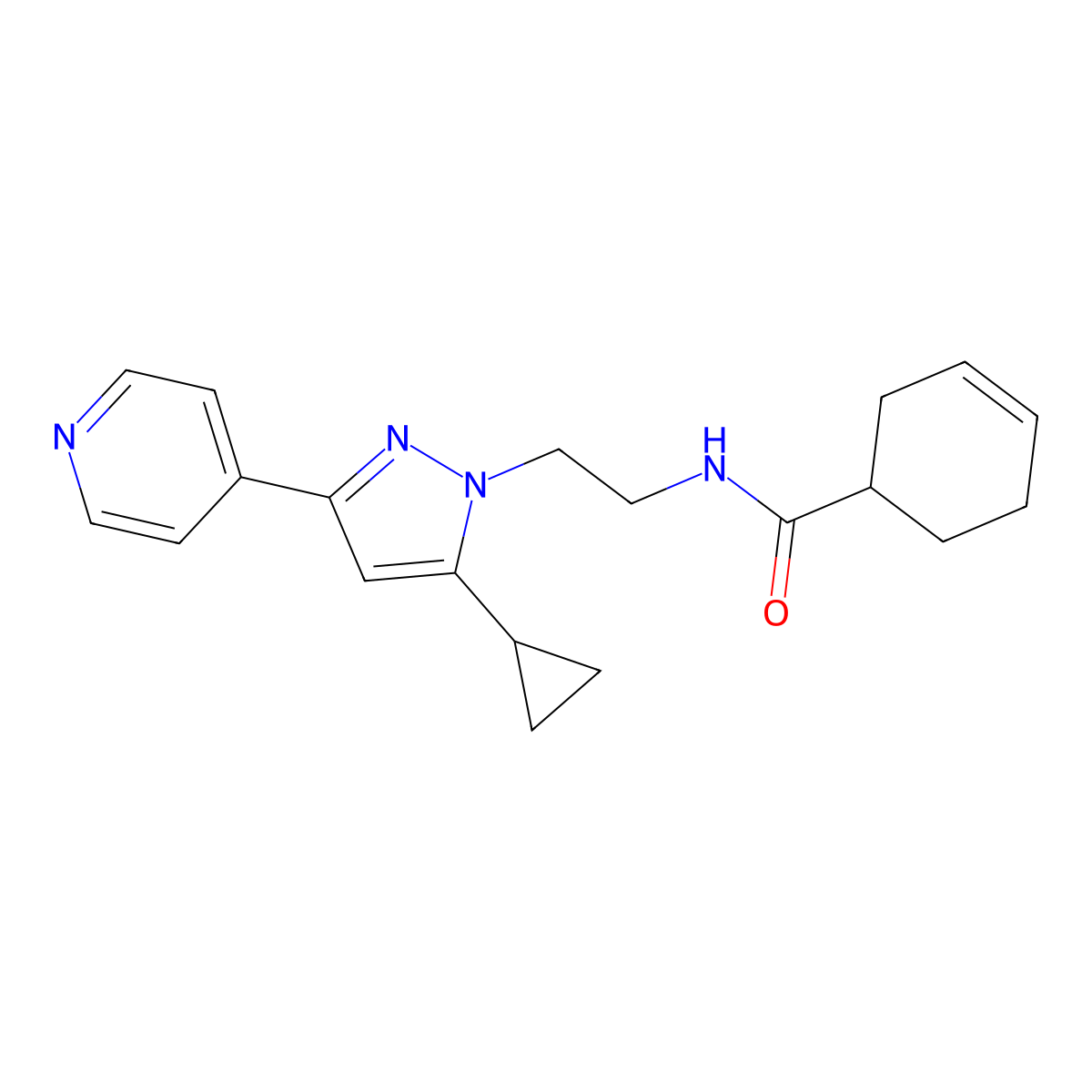 N-(2-(5-cyclopropyl-3-(pyridin-4-yl)-1H-pyrazol-1-yl)ethyl)cyclohex-3-enecarboxamide molecular structure, CAS 1796967-22-0
