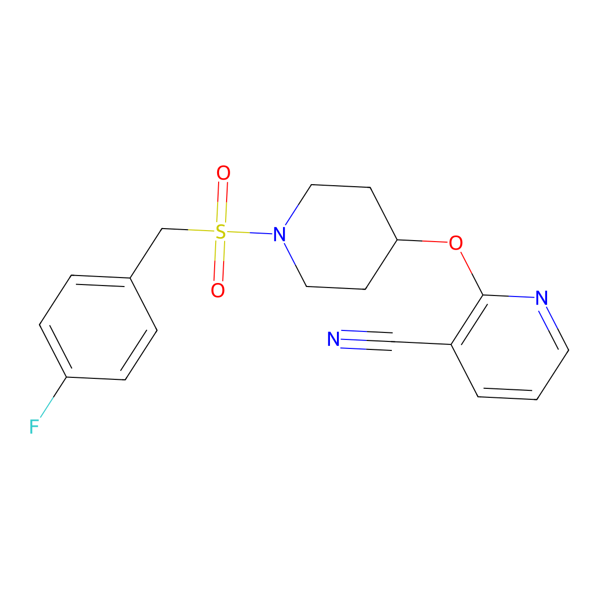2-((1-((4-Fluorobenzyl)sulfonyl)piperidin-4-yl)oxy)nicotinonitrile molecular structure, CAS 1796968-50-7