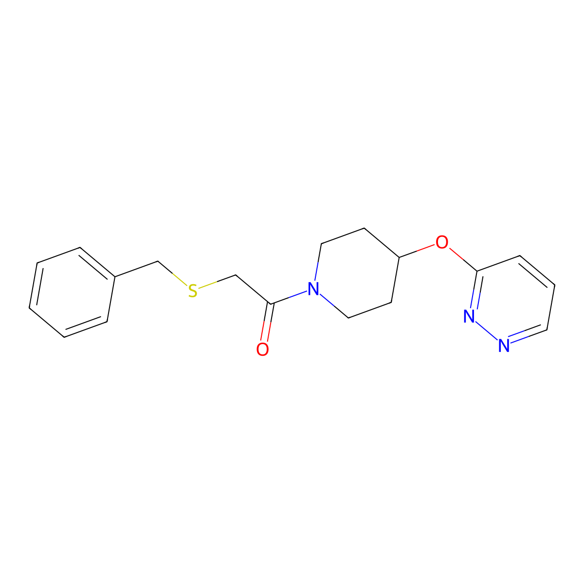 2-(Benzylthio)-1-(4-(pyridazin-3-yloxy)piperidin-1-yl)ethanone molecular structure, CAS 1796968-57-4