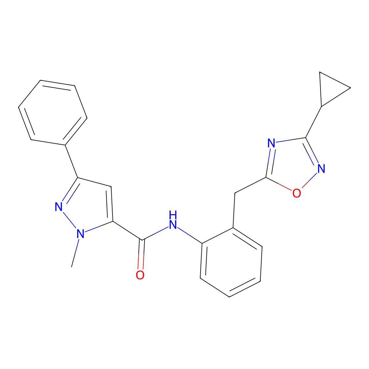 N-(2-((3-cyclopropyl-1,2,4-oxadiazol-5-yl)methyl)phenyl)-1-methyl-3-phenyl-1H-pyrazole-5-carboxamide molecular structure, CAS 1796969-73-7
