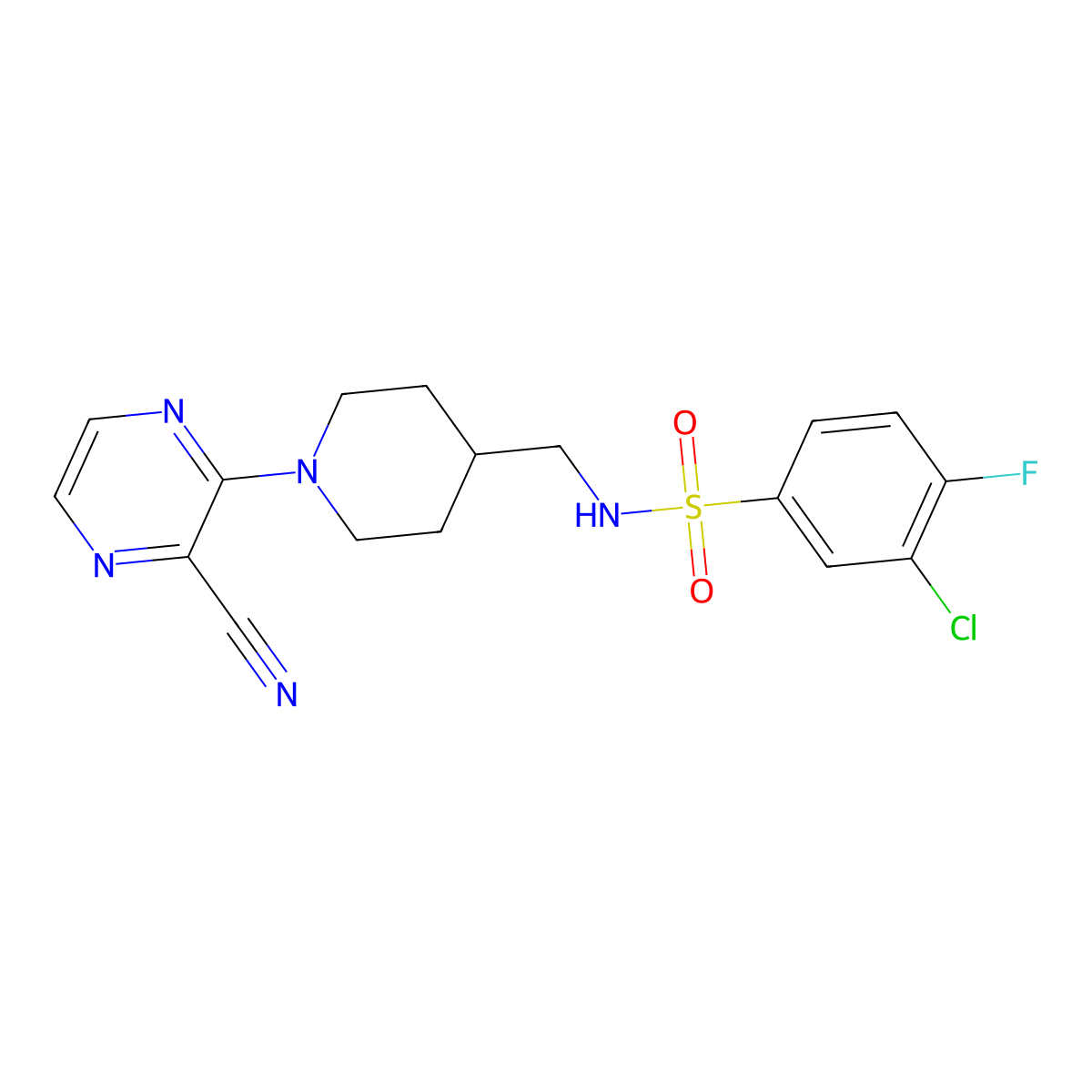 3-chloro-N-((1-(3-cyanopyrazin-2-yl)piperidin-4-yl)methyl)-4-fluorobenzenesulfonamide molecular structure, CAS 1796969-74-8
