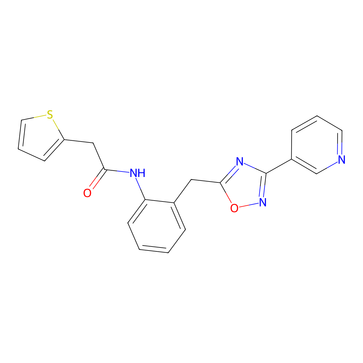 N-(2-((3-(pyridin-3-yl)-1,2,4-oxadiazol-5-yl)methyl)phenyl)-2-(thiophen-2-yl)acetamide molecular structure, CAS 1796969-85-1
