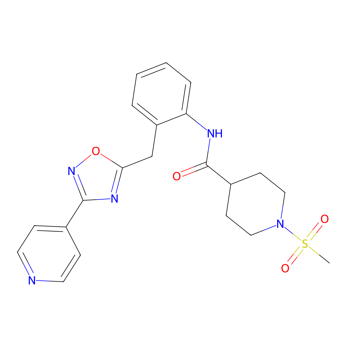 1-(methylsulfonyl)-N-(2-((3-(pyridin-4-yl)-1,2,4-oxadiazol-5-yl)methyl)phenyl)piperidine-4-carboxamide molecular structure, CAS 1796969-91-9