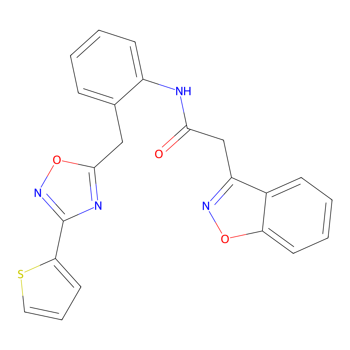 2-(benzo[d]isoxazol-3-yl)-N-(2-((3-(thiophen-2-yl)-1,2,4-oxadiazol-5-yl)methyl)phenyl)acetamide molecular structure, CAS 1796970-07-4