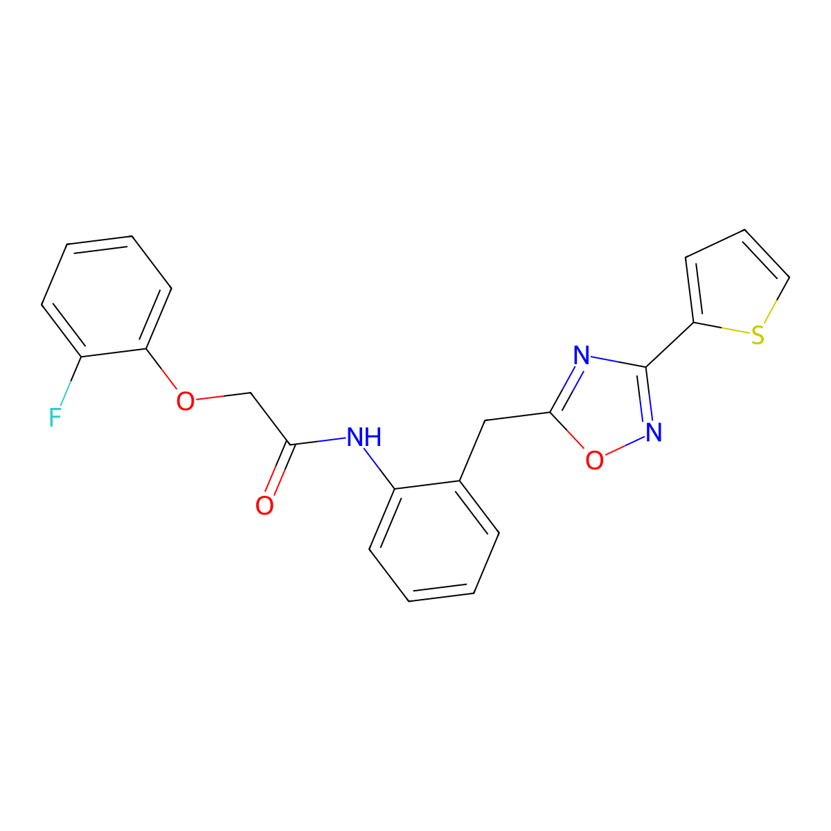 2-(2-fluorophenoxy)-N-(2-((3-(thiophen-2-yl)-1,2,4-oxadiazol-5-yl)methyl)phenyl)acetamide molecular structure, CAS 1796970-09-6