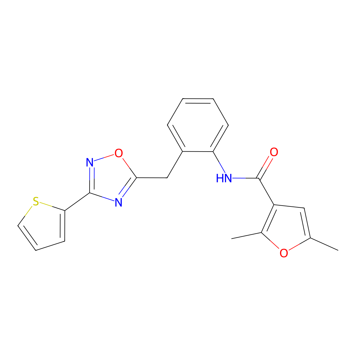 2,5-Dimethyl-N-(2-{[3-(thiophen-2-YL)-1,2,4-oxadiazol-5-YL]methyl}phenyl)furan-3-carboxamide molecular structure, CAS 1796970-12-1