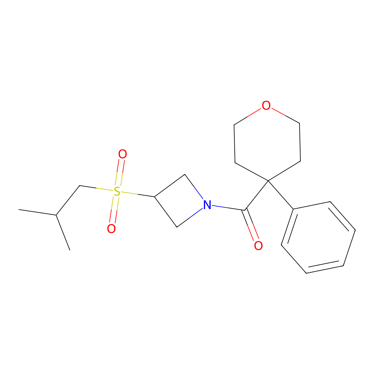 (3-(isobutylsulfonyl)azetidin-1-yl)(4-phenyltetrahydro-2H-pyran-4-yl)methanone molecular structure, CAS 1796970-33-6