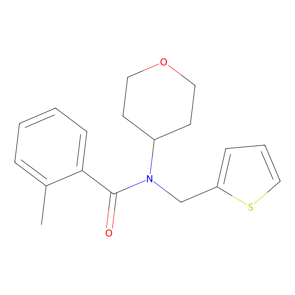 2-methyl-N-(tetrahydro-2H-pyran-4-yl)-N-(thiophen-2-ylmethyl)benzamide molecular structure, CAS 1796970-37-0
