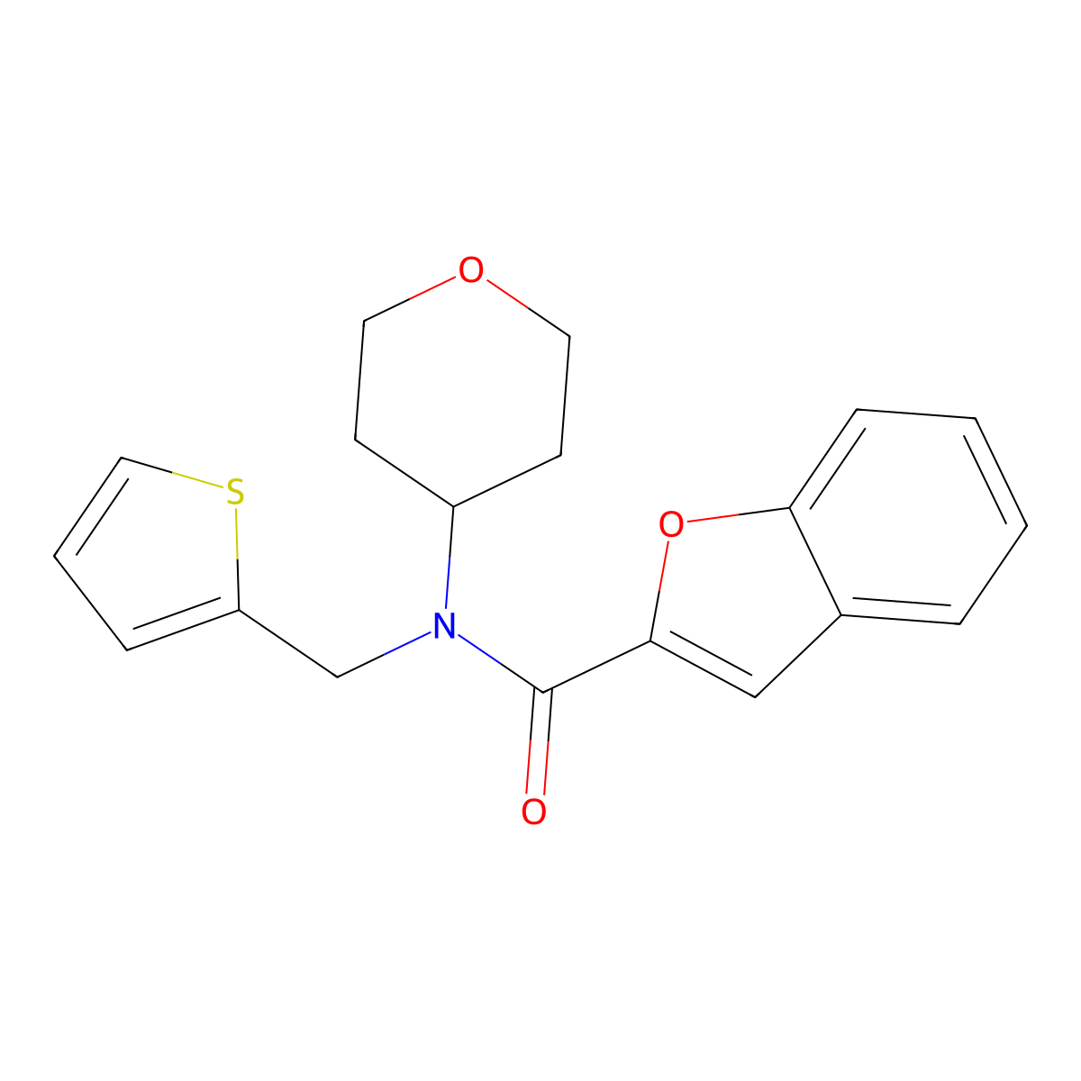 N-(tetrahydro-2H-pyran-4-yl)-N-(thiophen-2-ylmethyl)benzofuran-2-carboxamide molecular structure, CAS 1796970-39-2