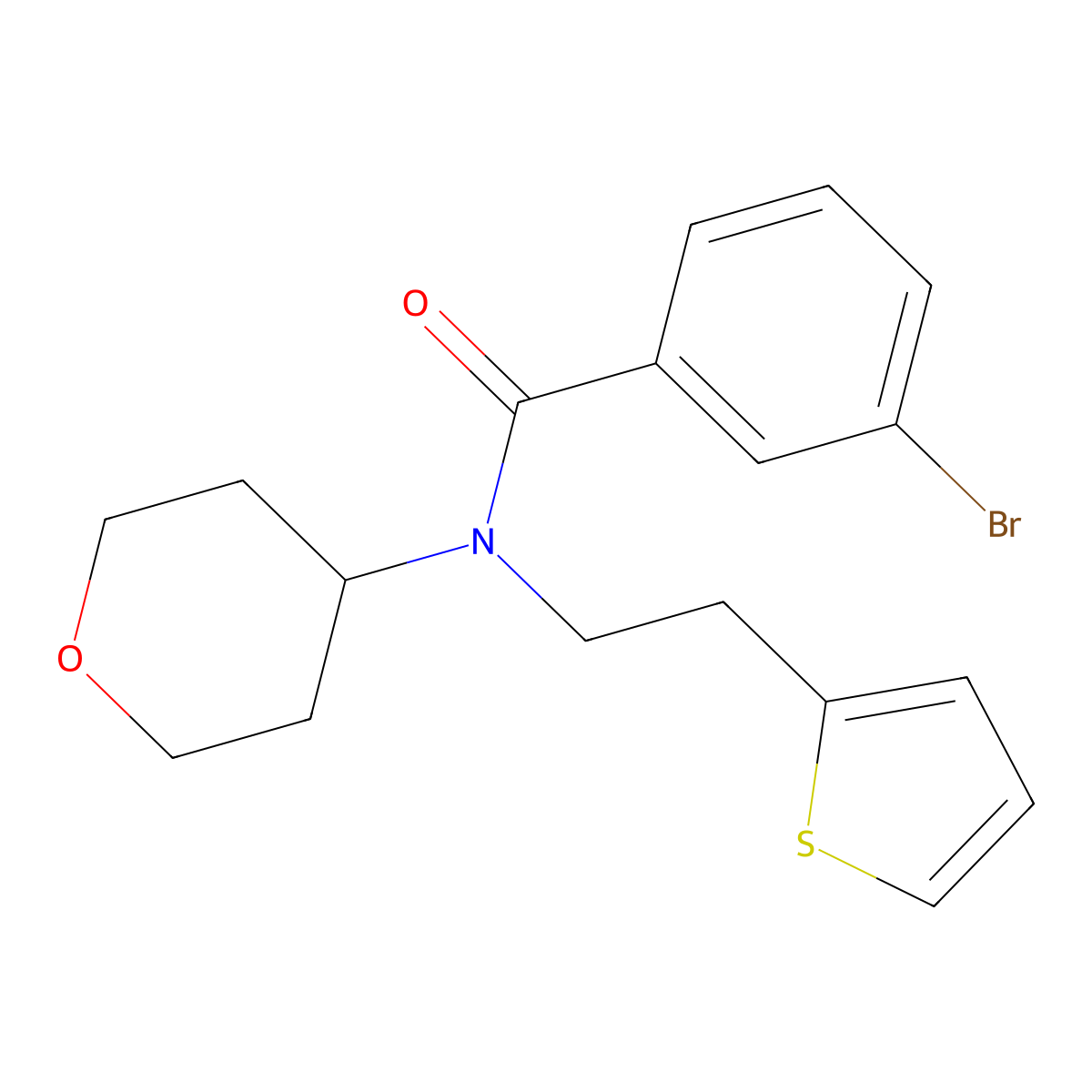 3-bromo-N-(tetrahydro-2H-pyran-4-yl)-N-(2-(thiophen-2-yl)ethyl)benzamide molecular structure, CAS 1796970-41-6