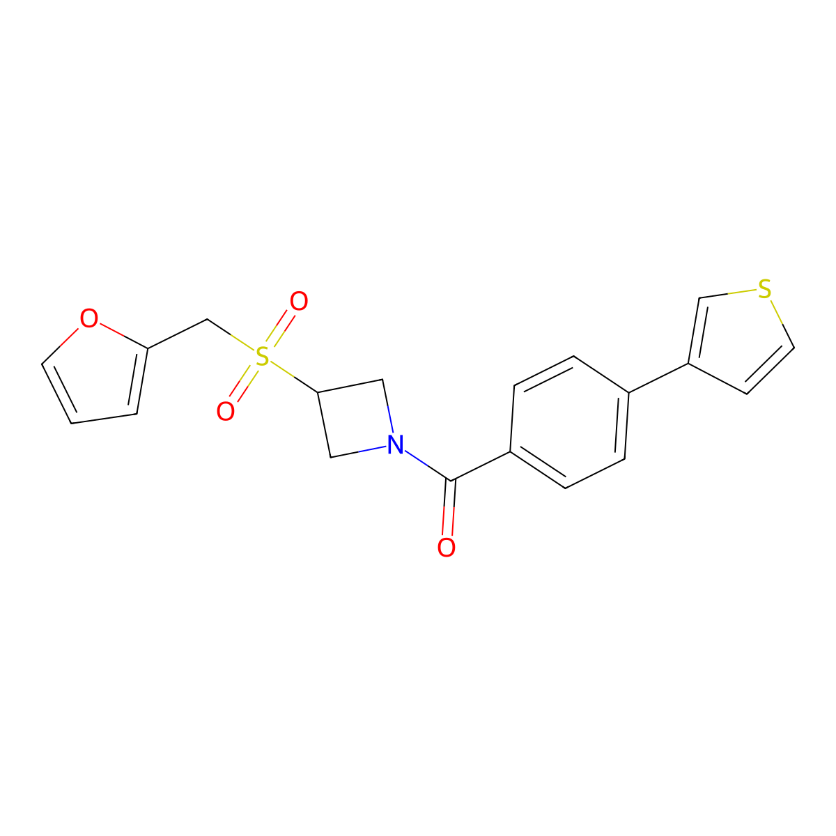 (3-((Furan-2-ylmethyl)sulfonyl)azetidin-1-yl)(4-(thiophen-3-yl)phenyl)methanone molecular structure, CAS 1796970-59-6