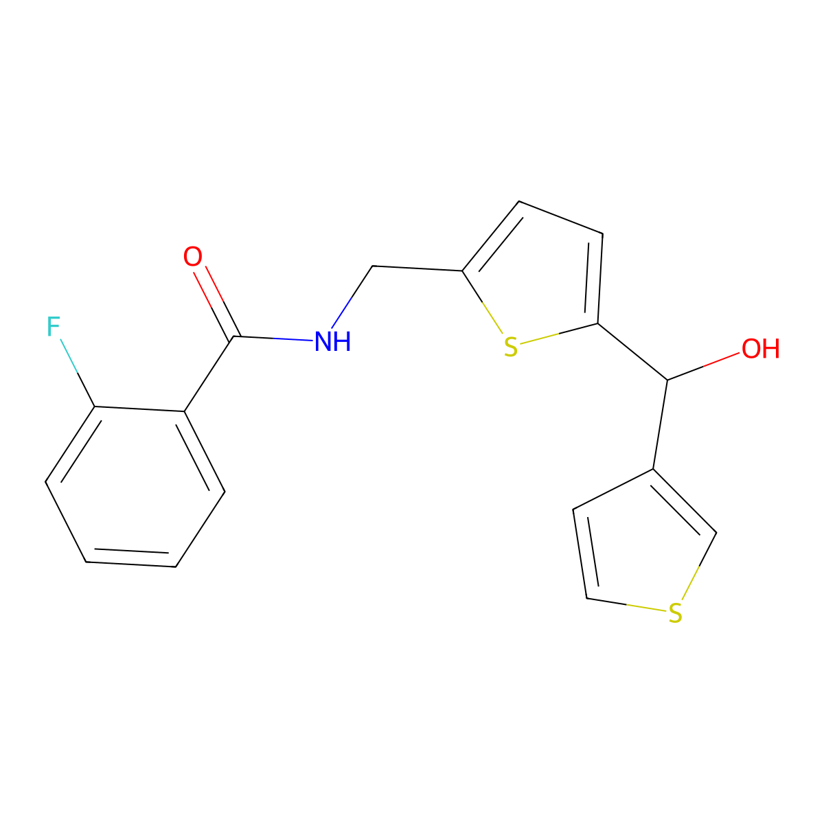 2-fluoro-N-((5-(hydroxy(thiophen-3-yl)methyl)thiophen-2-yl)methyl)benzamide molecular structure, CAS 1796970-83-6