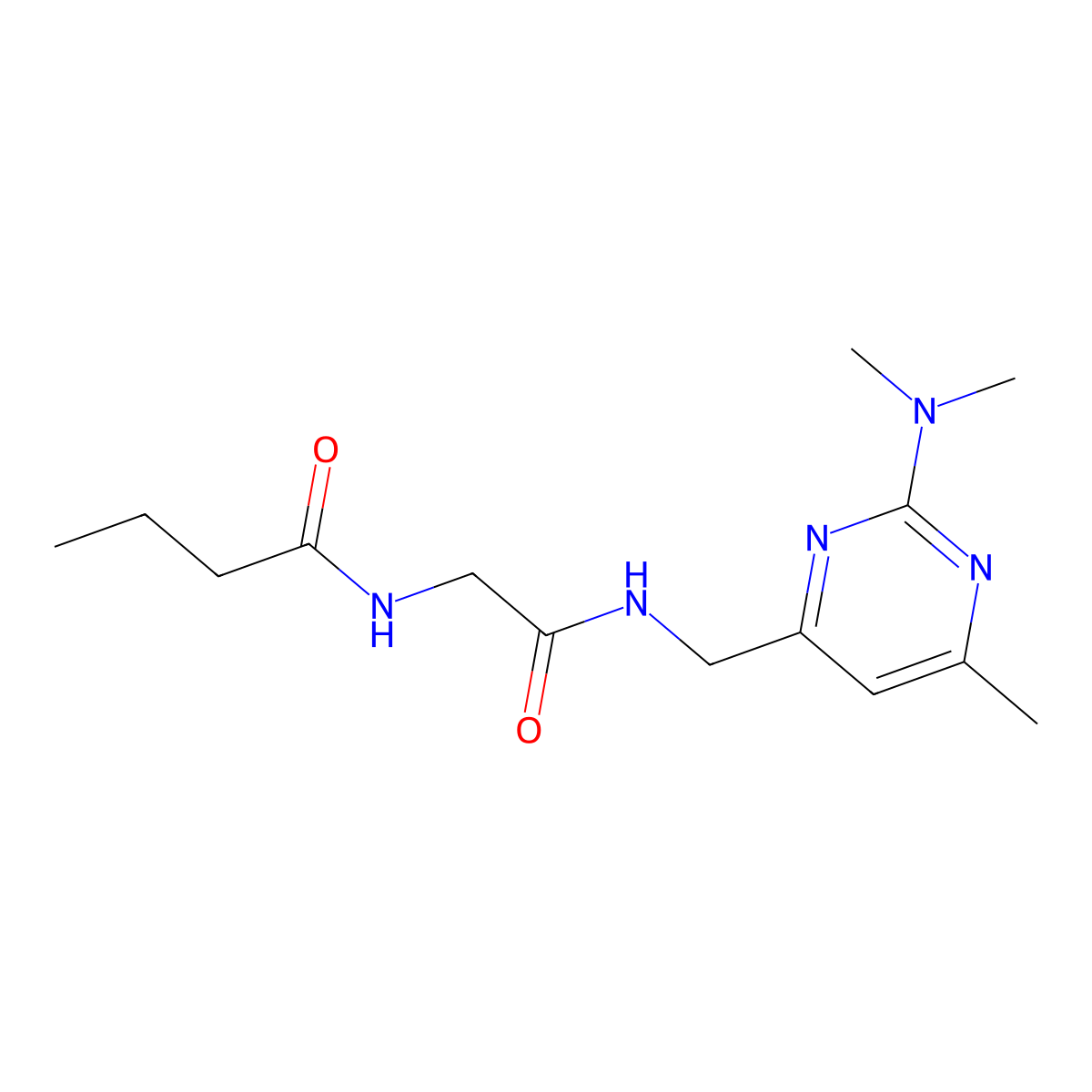 N-(2-(((2-(dimethylamino)-6-methylpyrimidin-4-yl)methyl)amino)-2-oxoethyl)butyramide molecular structure, CAS 1796987-50-2