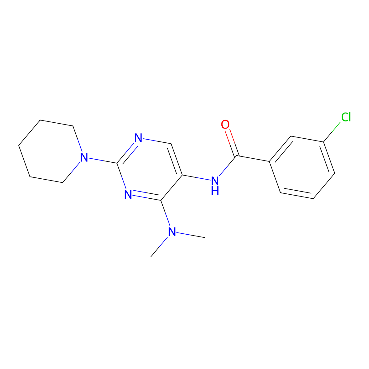 3-chloro-N-[4-(dimethylamino)-2-(piperidin-1-yl)pyrimidin-5-yl]benzamide molecular structure, CAS 1796988-53-8