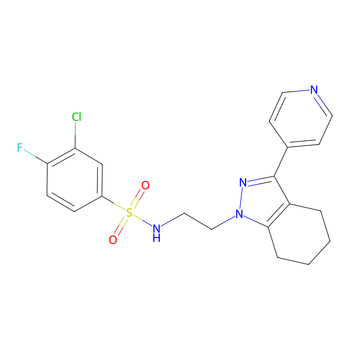 3-chloro-4-fluoro-N-(2-(3-(pyridin-4-yl)-4,5,6,7-tetrahydro-1H-indazol-1-yl)ethyl)benzenesulfonamide molecular structure, CAS 1796988-71-0