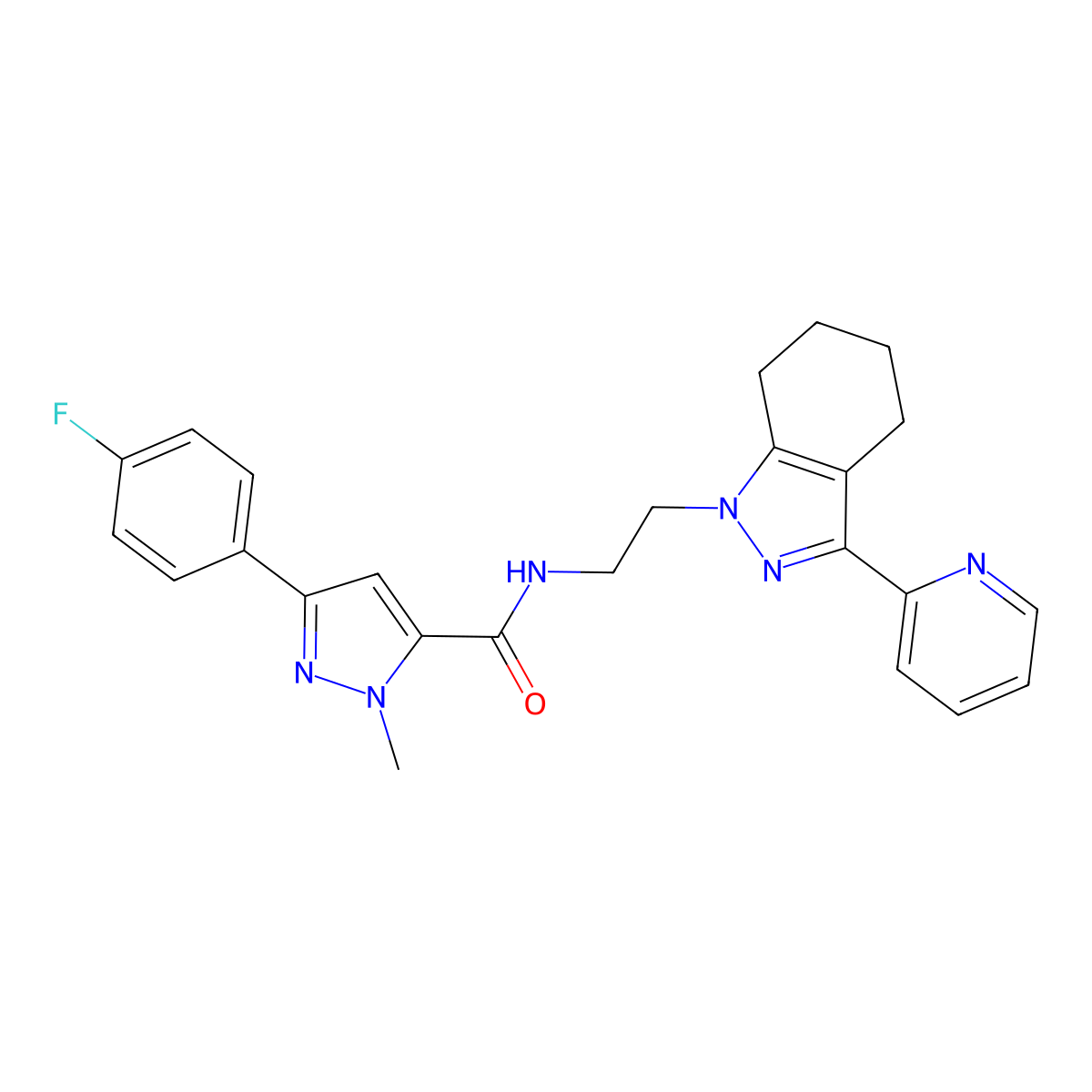 3-(4-fluorophenyl)-1-methyl-N-{2-[3-(pyridin-2-yl)-4,5,6,7-tetrahydro-1H-indazol-1-yl]ethyl}-1H-pyrazole-5-carboxamide molecular structure, CAS 1796988-77-6