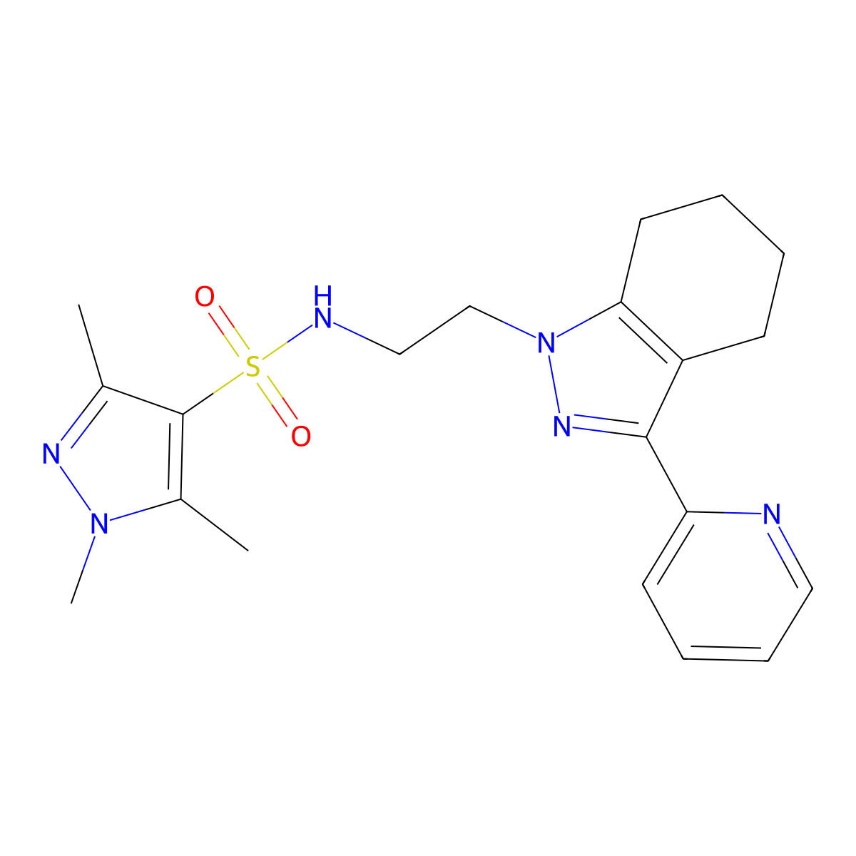 1,3,5-trimethyl-N-{2-[3-(pyridin-2-yl)-4,5,6,7-tetrahydro-1H-indazol-1-yl]ethyl}-1H-pyrazole-4-sulfonamide molecular structure, CAS 1796988-87-8