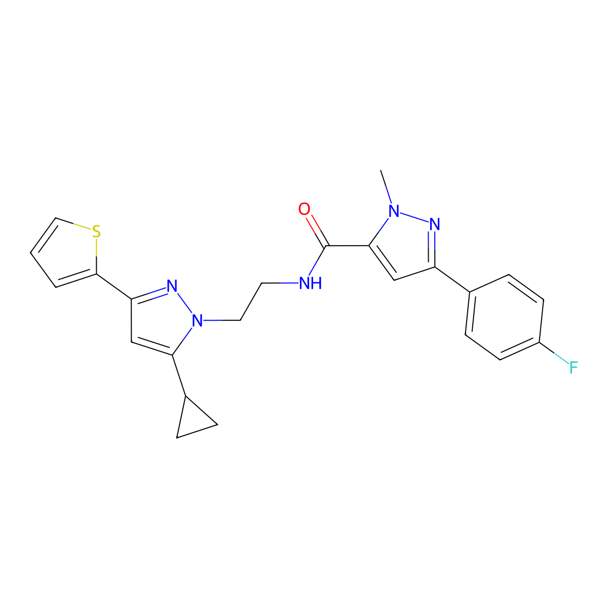 N-{2-[5-cyclopropyl-3-(thiophen-2-yl)-1H-pyrazol-1-yl]ethyl}-3-(4-fluorophenyl)-1-methyl-1H-pyrazole-5-carboxamide molecular structure, CAS 1796989-37-1