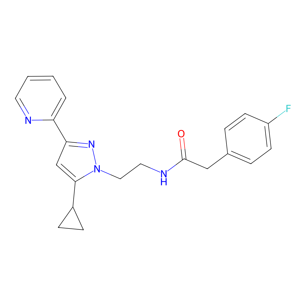 N-(2-(5-cyclopropyl-3-(pyridin-2-yl)-1H-pyrazol-1-yl)ethyl)-2-(4-fluorophenyl)acetamide molecular structure, CAS 1796989-79-1