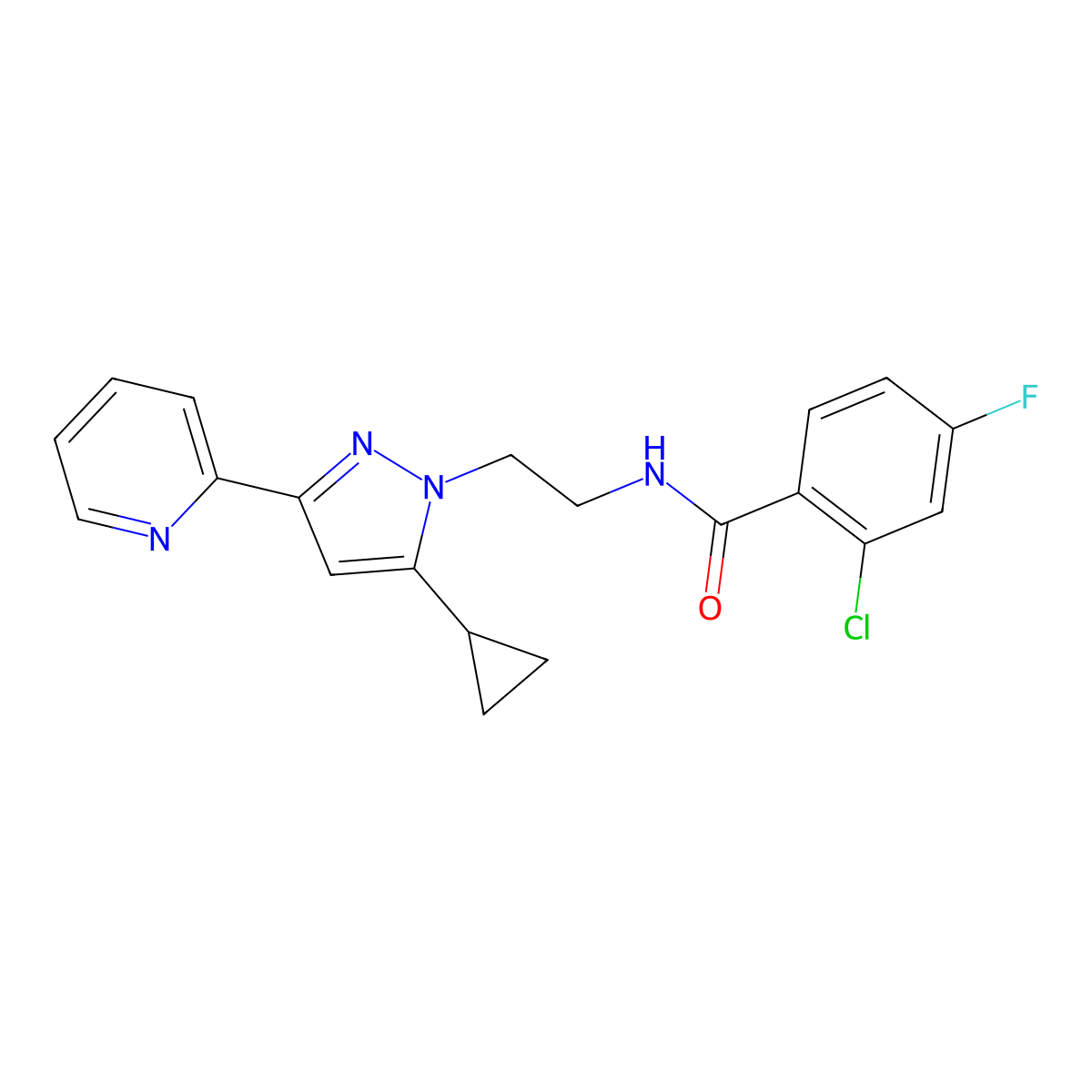 2-chloro-N-{2-[5-cyclopropyl-3-(pyridin-2-yl)-1H-pyrazol-1-yl]ethyl}-4-fluorobenzamide molecular structure, CAS 1796989-83-7